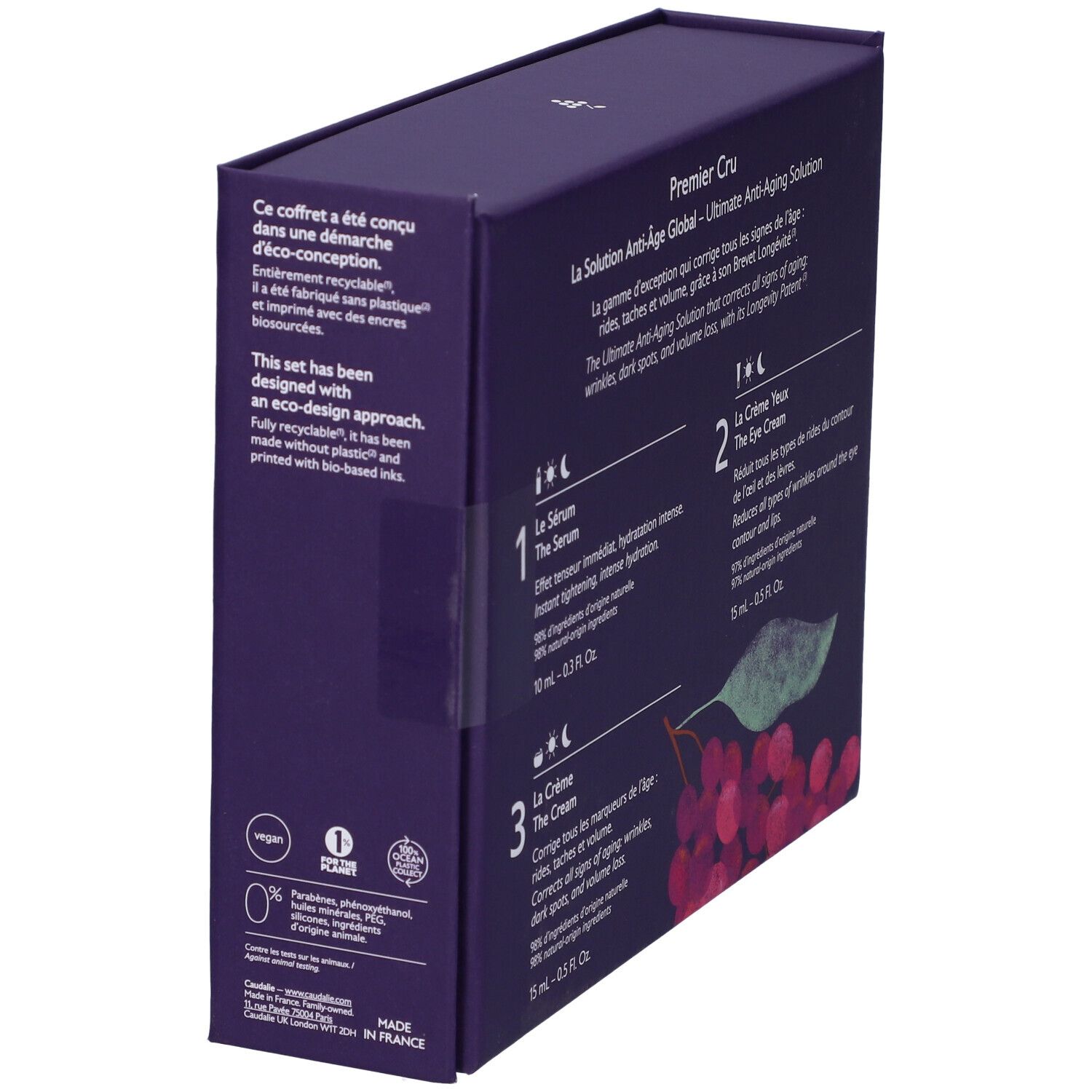 Set cosmetico viola con tre prodotti: siero, contorno occhi e crema. Contiene 10ml, 15ml e 15ml.