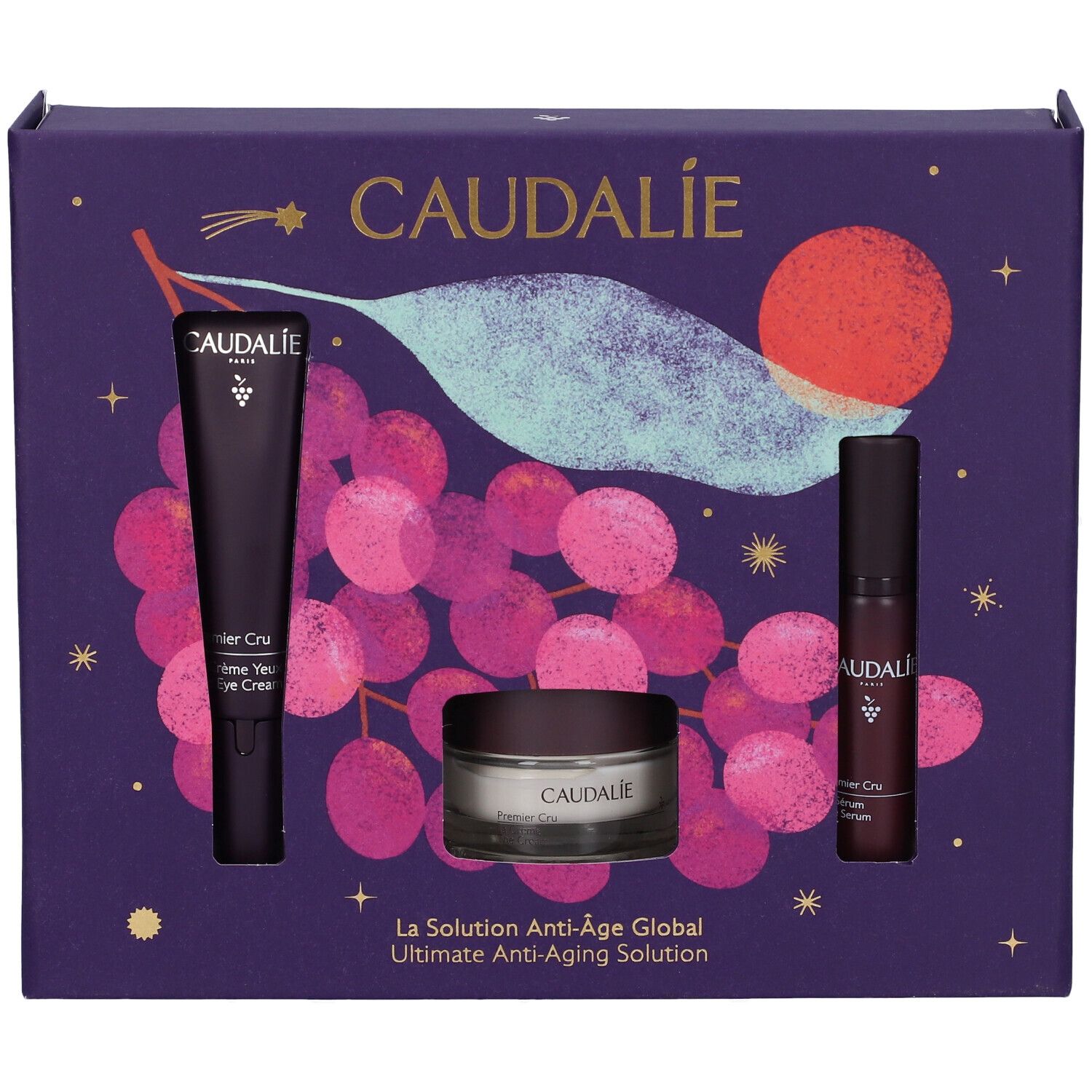 Set Caudalie Anti-Età con crema contorno occhi, siero e crema in vasetto su scatola viola con motivo a uva.