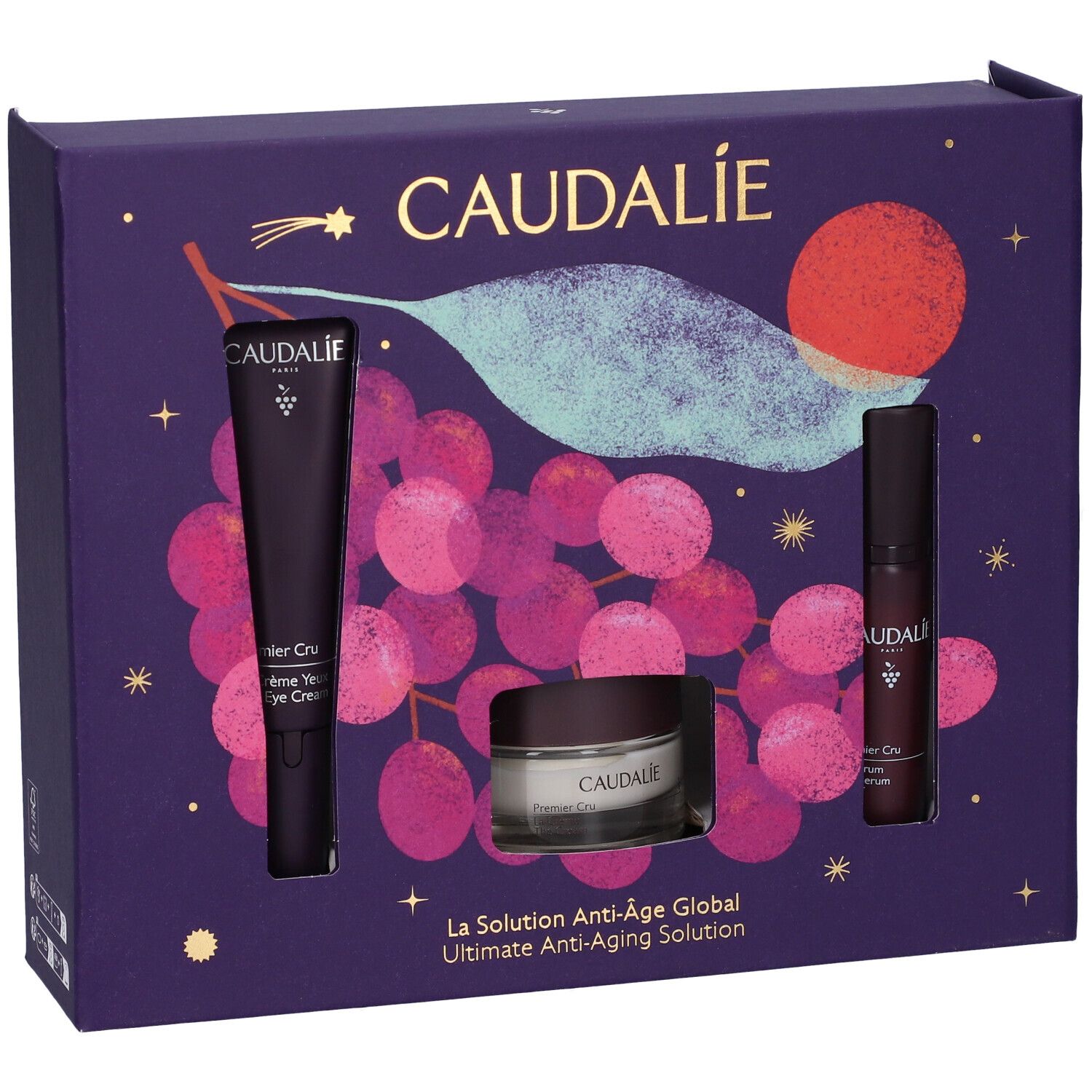 Set Caudalie Anti-Età con crema contorno occhi, siero e crema viso in confezione regalo viola con motivo a uva.