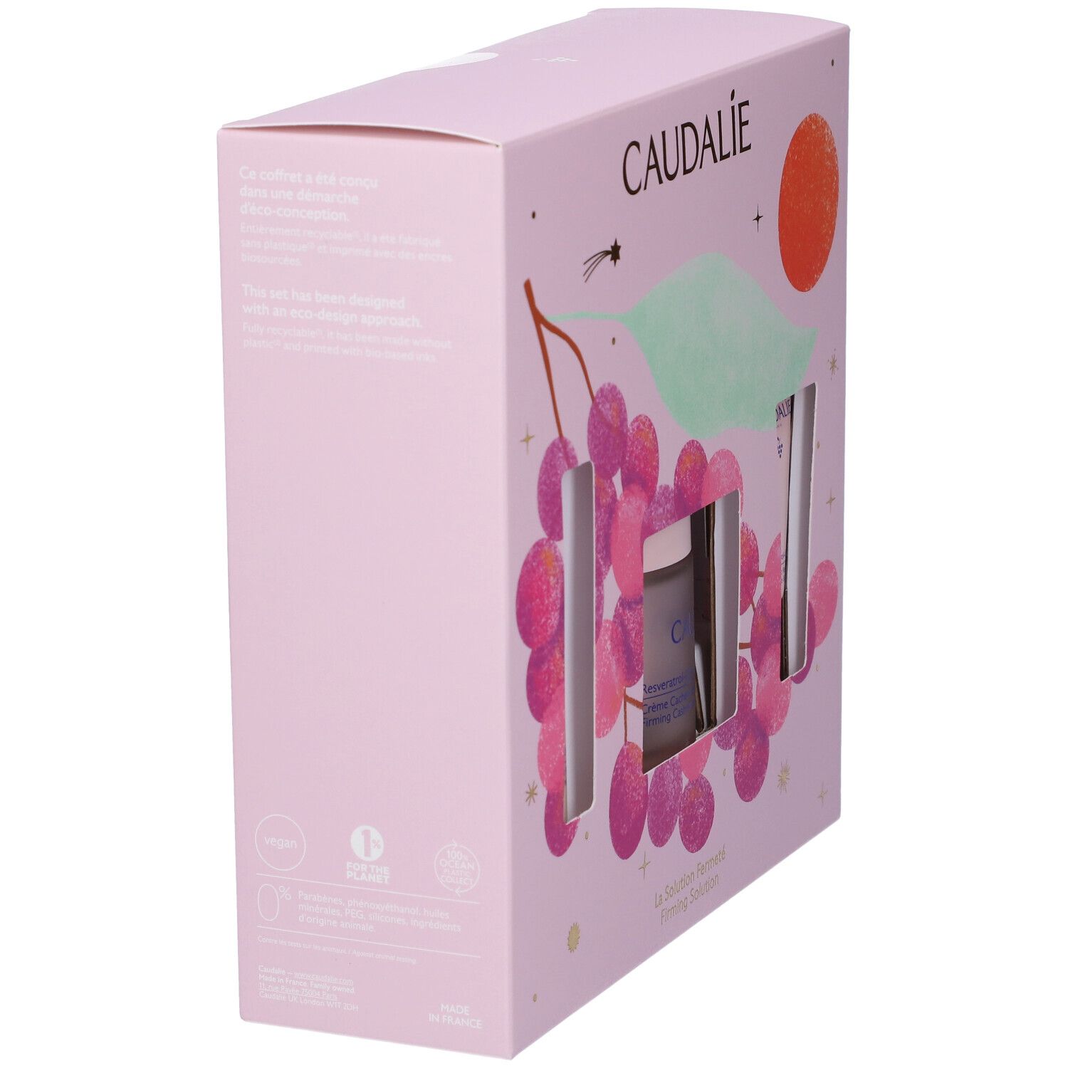 Vista laterale della confezione regalo Caudalie Resveratrol-Lift con informazioni sul prodotto e sigilli.