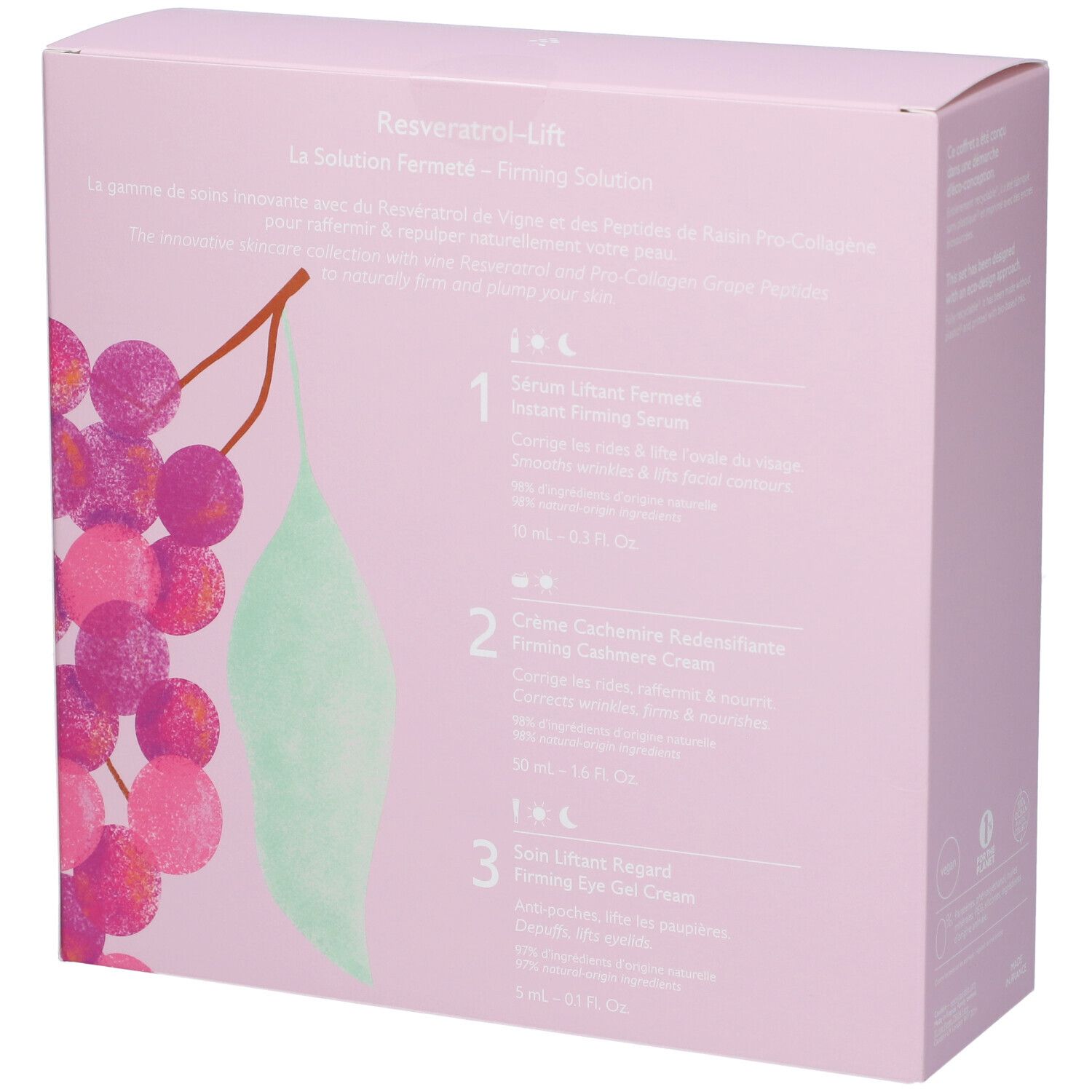 Retro della confezione regalo Caudalie Resveratrol-Lift con descrizione prodotto e ingredienti.