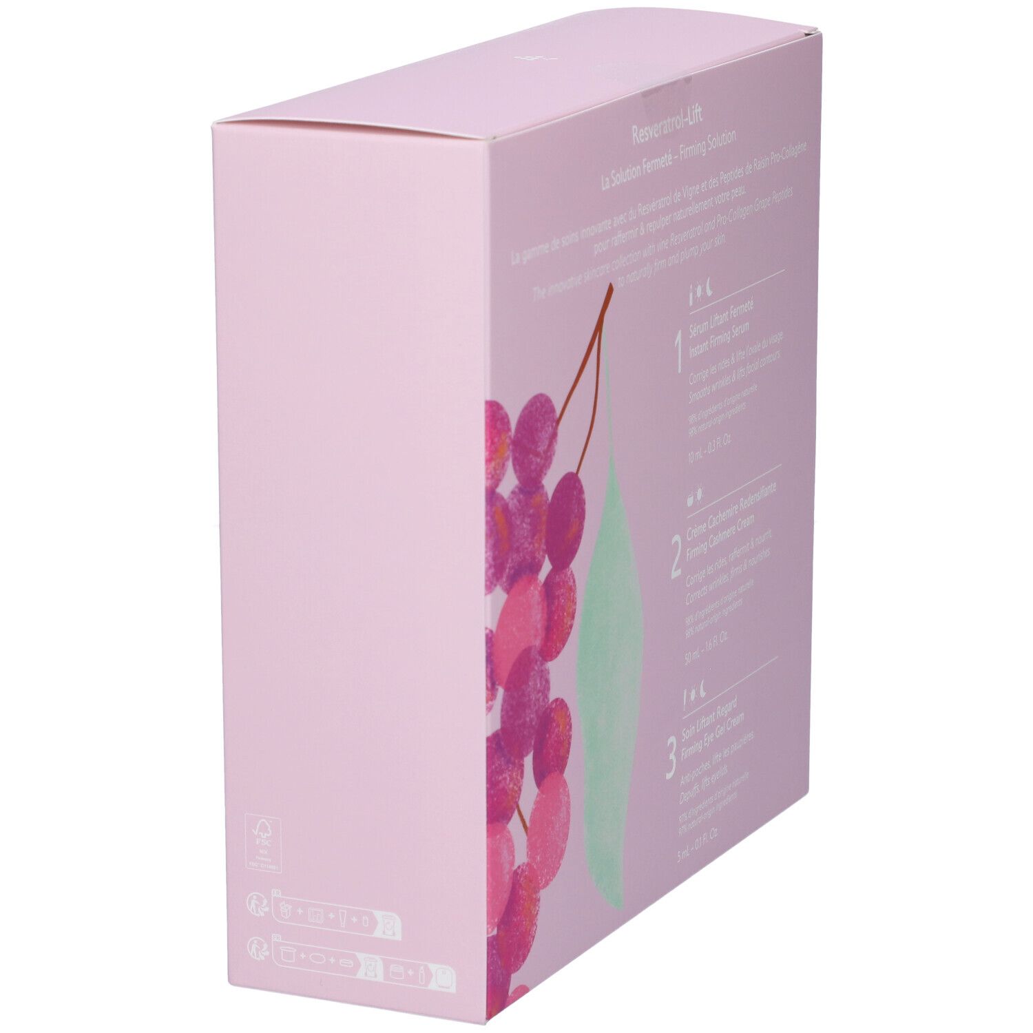 Vista laterale della confezione regalo Caudalie Resveratrol-Lift, rosa con uva.