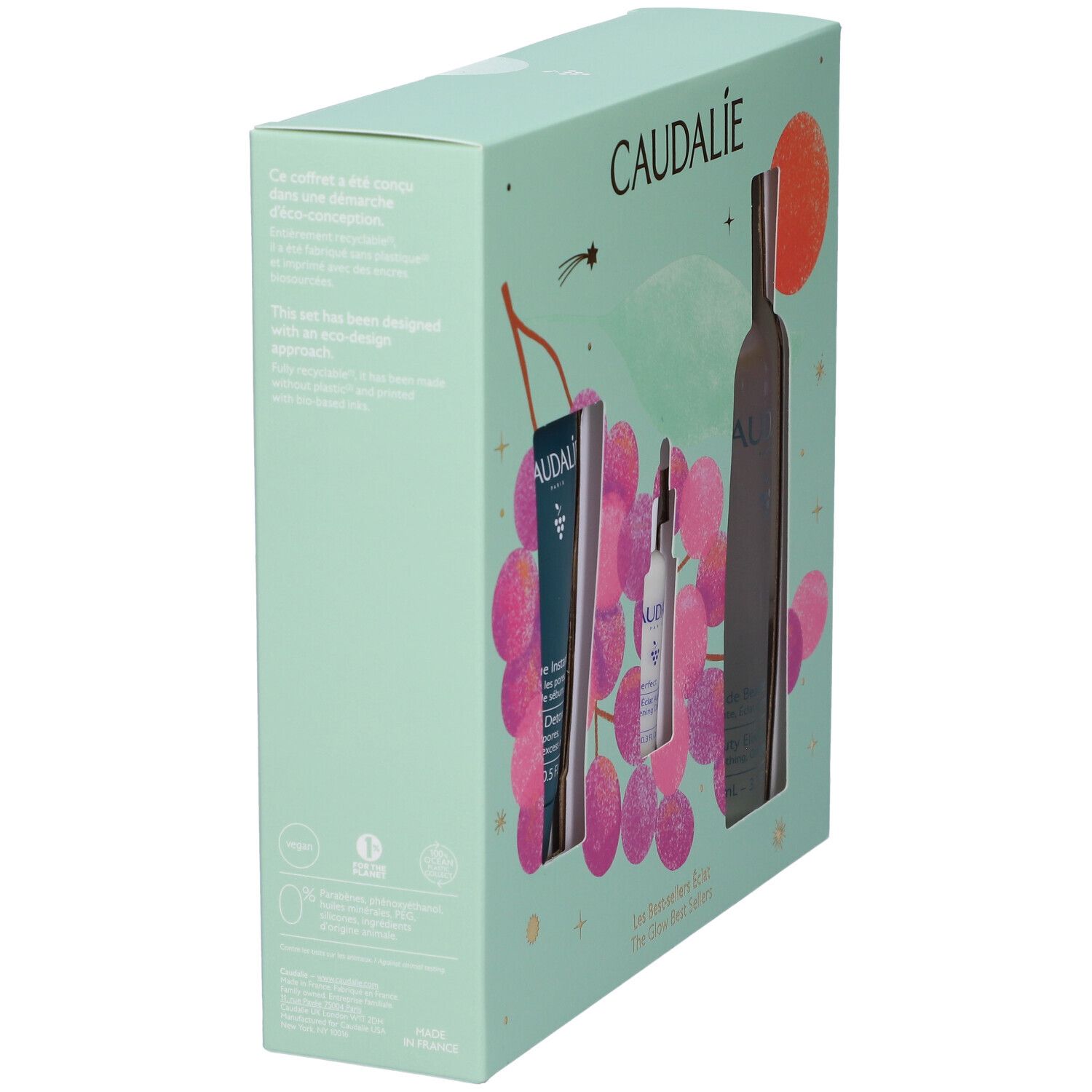 Confezione regalo Caudalie, vista laterale con informazioni prodotto e motivo uva.