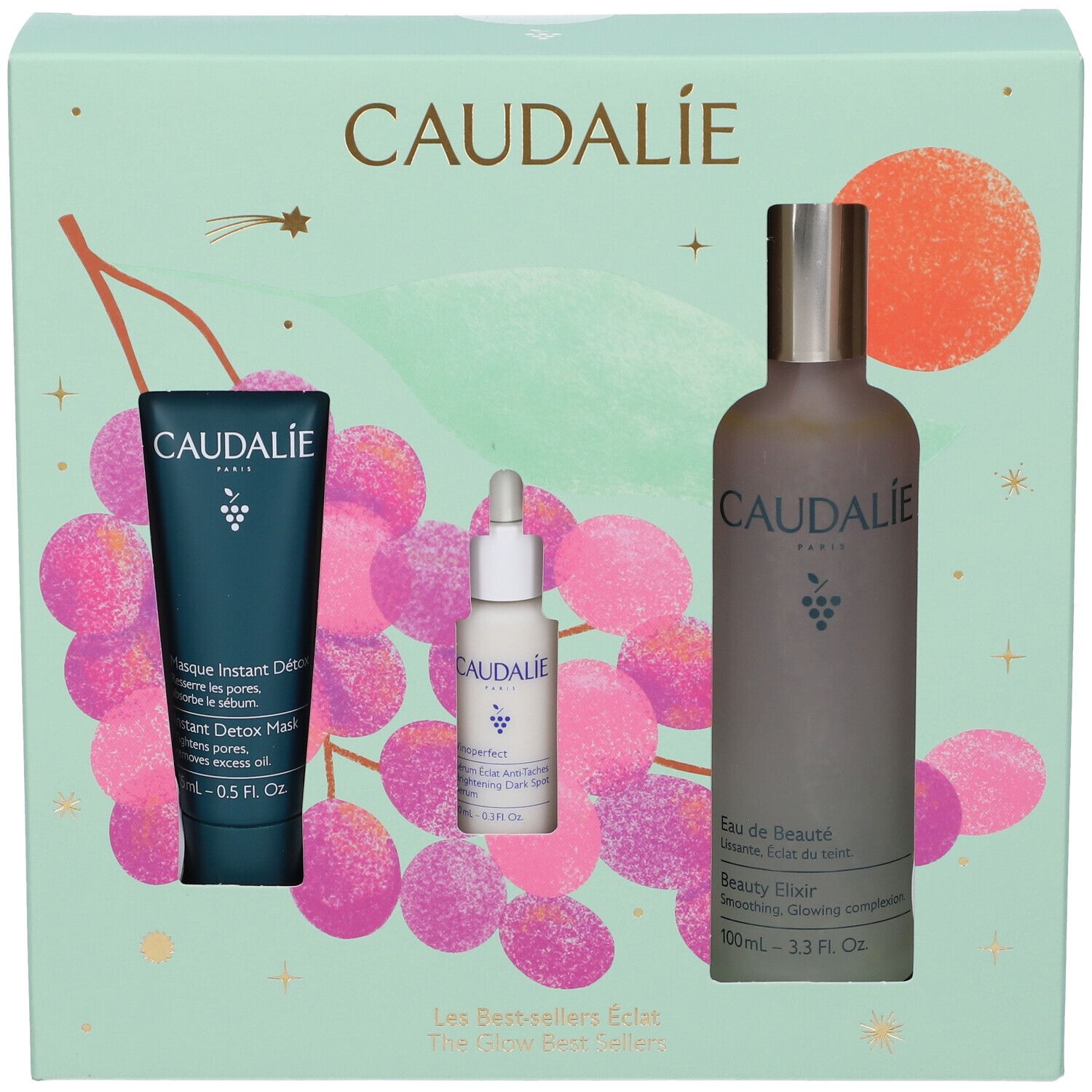 Confezione regalo Caudalie con maschera viso, siero e Beauty Elixir.