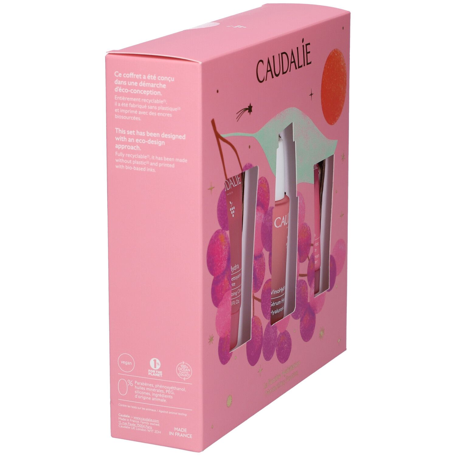Retro della confezione regalo Caudalie VinoHydra con informazioni sul prodotto e motivo a uva.