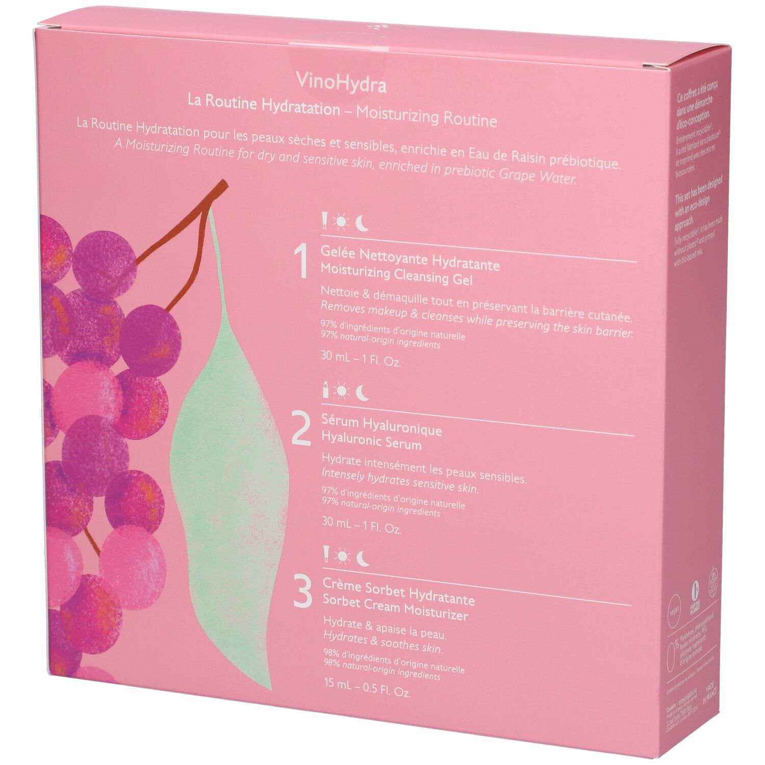 Retro della confezione regalo Caudalie VinoHydra con descrizioni dettagliate dei prodotti.