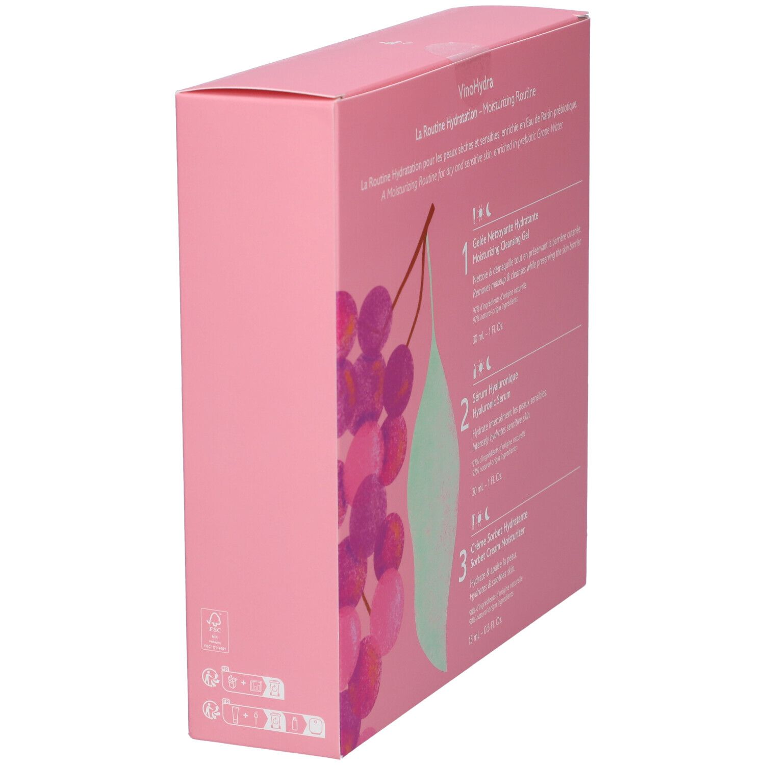 Vista laterale della confezione regalo Caudalie VinoHydra con immagini prodotto e motivo a uva.