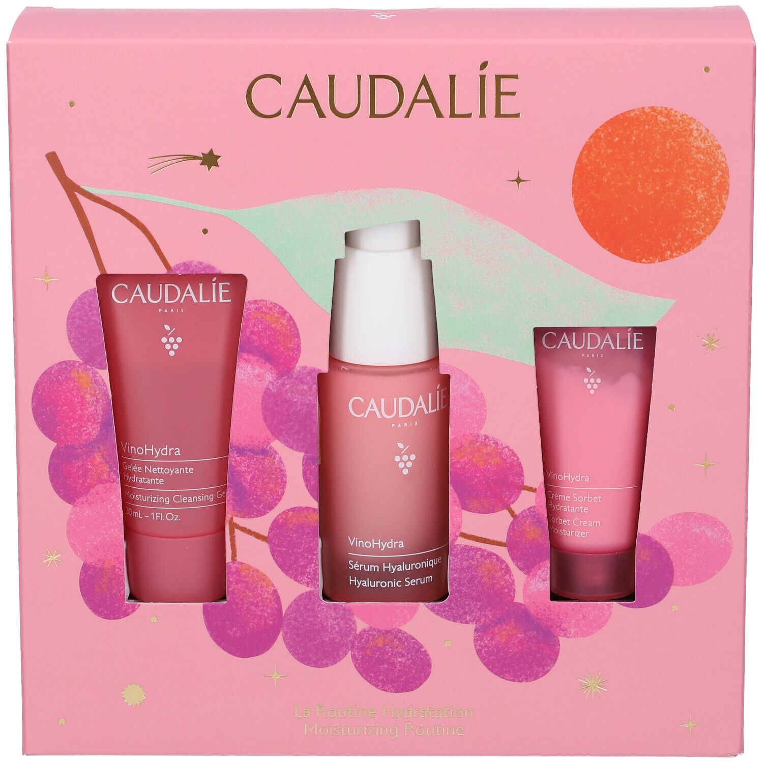 Set regalo Caudalie VinoHydra, tre prodotti in confezione rosa con motivo a uva.
