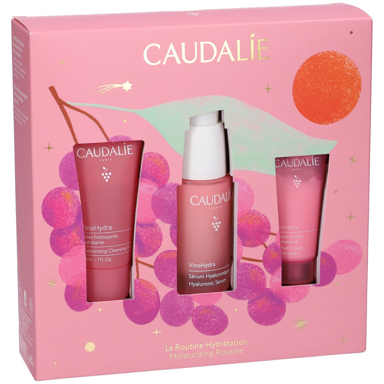 Set regalo Caudalie VinoHydra, tre prodotti in confezione rosa con motivo a uva.
