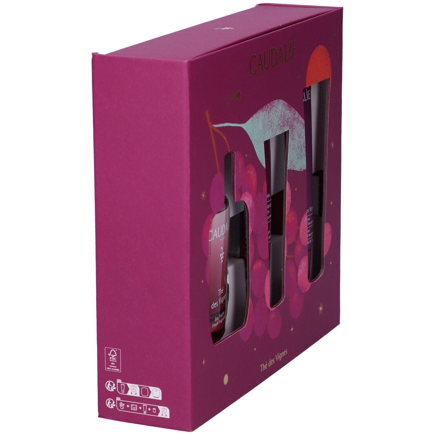 Vista laterale della confezione regalo Caudalie Thé des Vignes in astuccio viola.