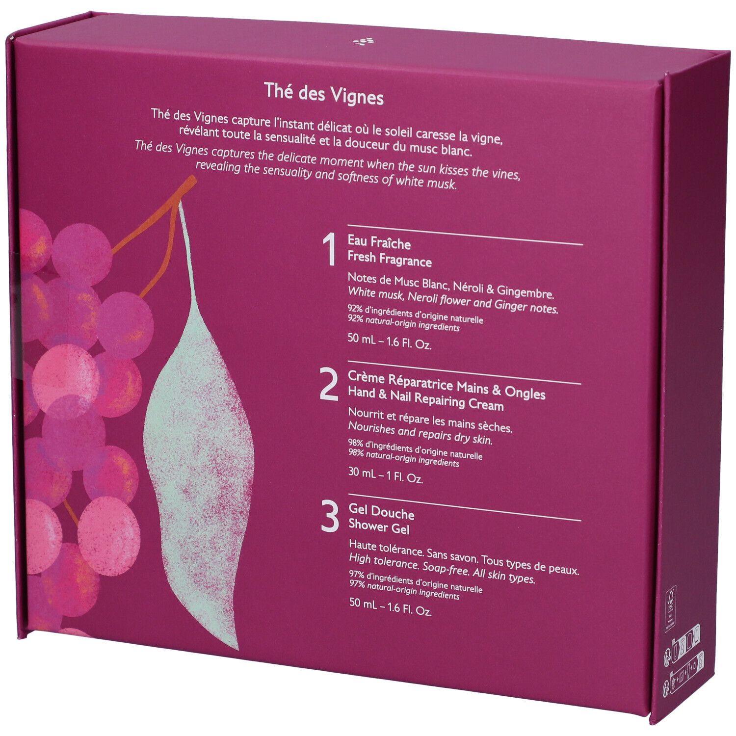 Retro della confezione regalo Caudalie Thé des Vignes con informazioni sul prodotto.