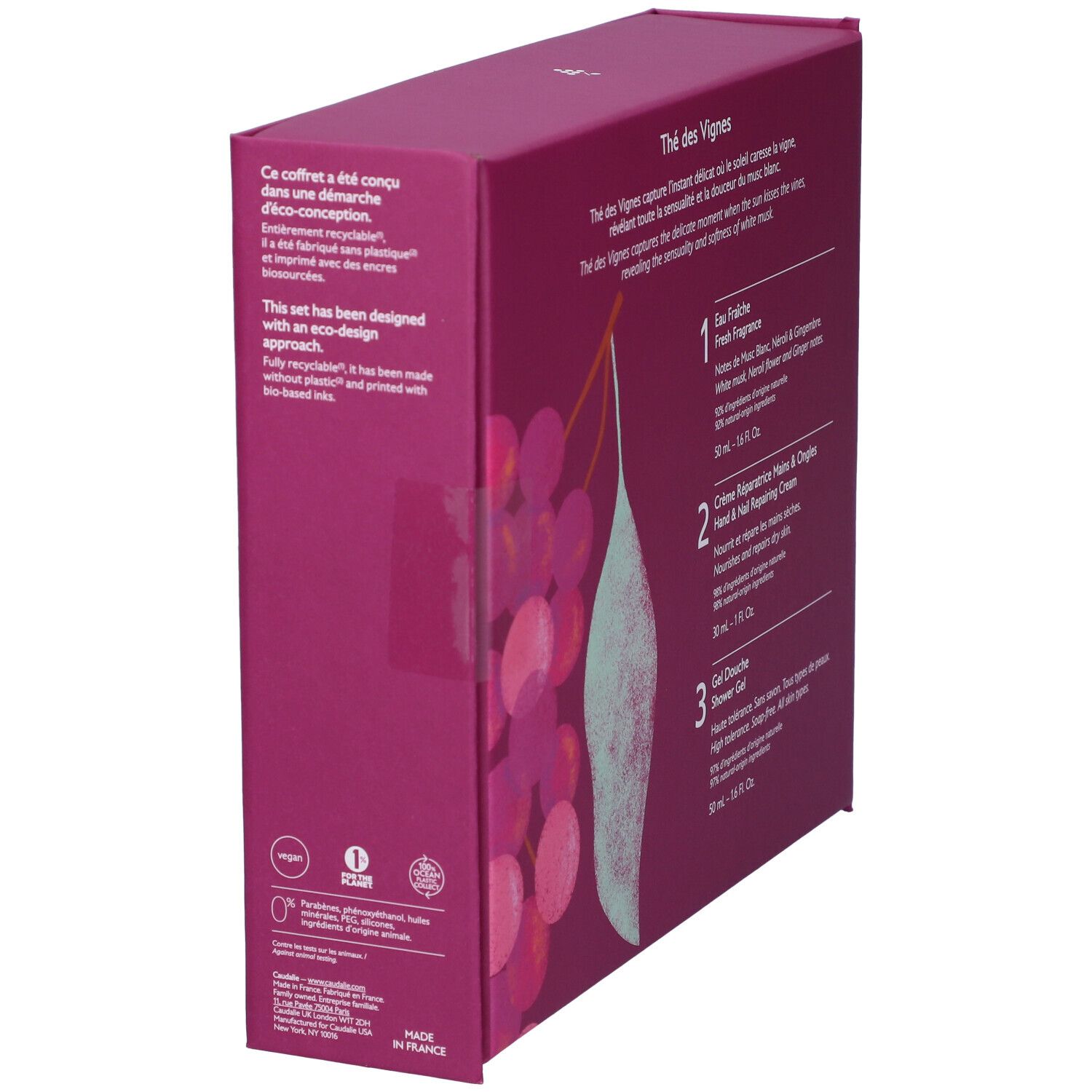 Vista laterale della confezione regalo Caudalie Thé des Vignes con nota eco-design.