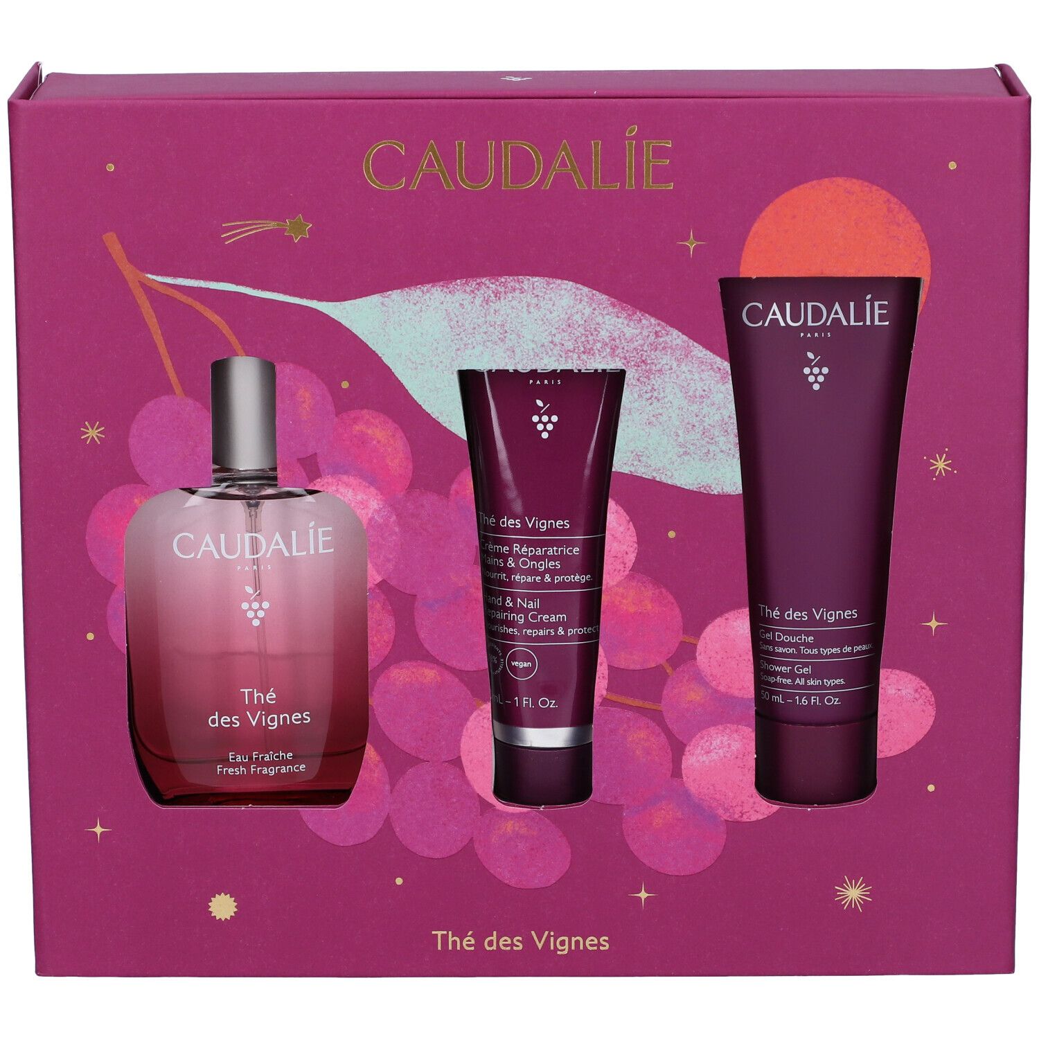 Fronte della confezione regalo Caudalie Thé des Vignes con Eau Fraîche, crema mani e bagnoschiuma.