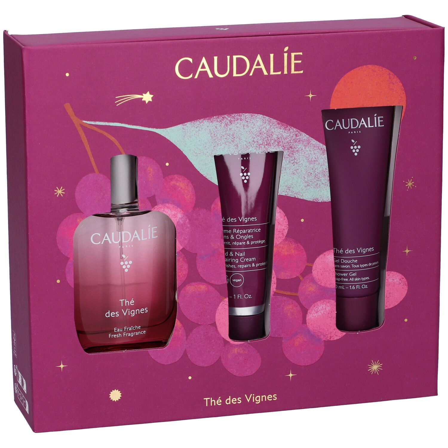 Confezione Caudalie Thé des Vignes: Eau Fraîche, crema mani e bagnoschiuma in scatola viola.
