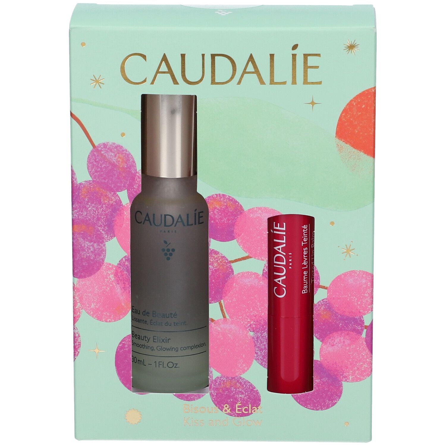 Confezione regalo Caudalie con Eau de Beauté e balsamo labbra colorato.