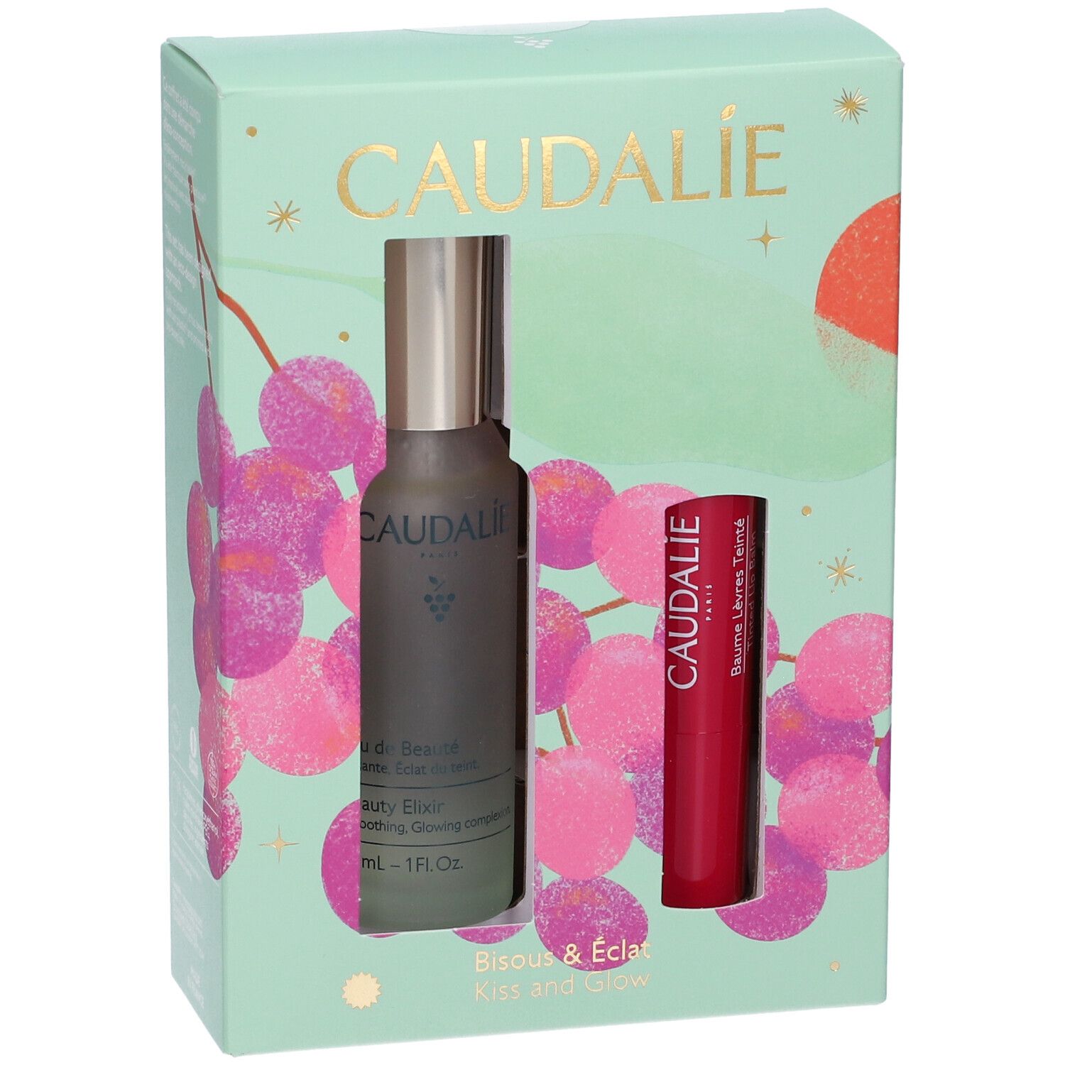 Confezione regalo Caudalie con Eau de Beauté e balsamo labbra colorato.
