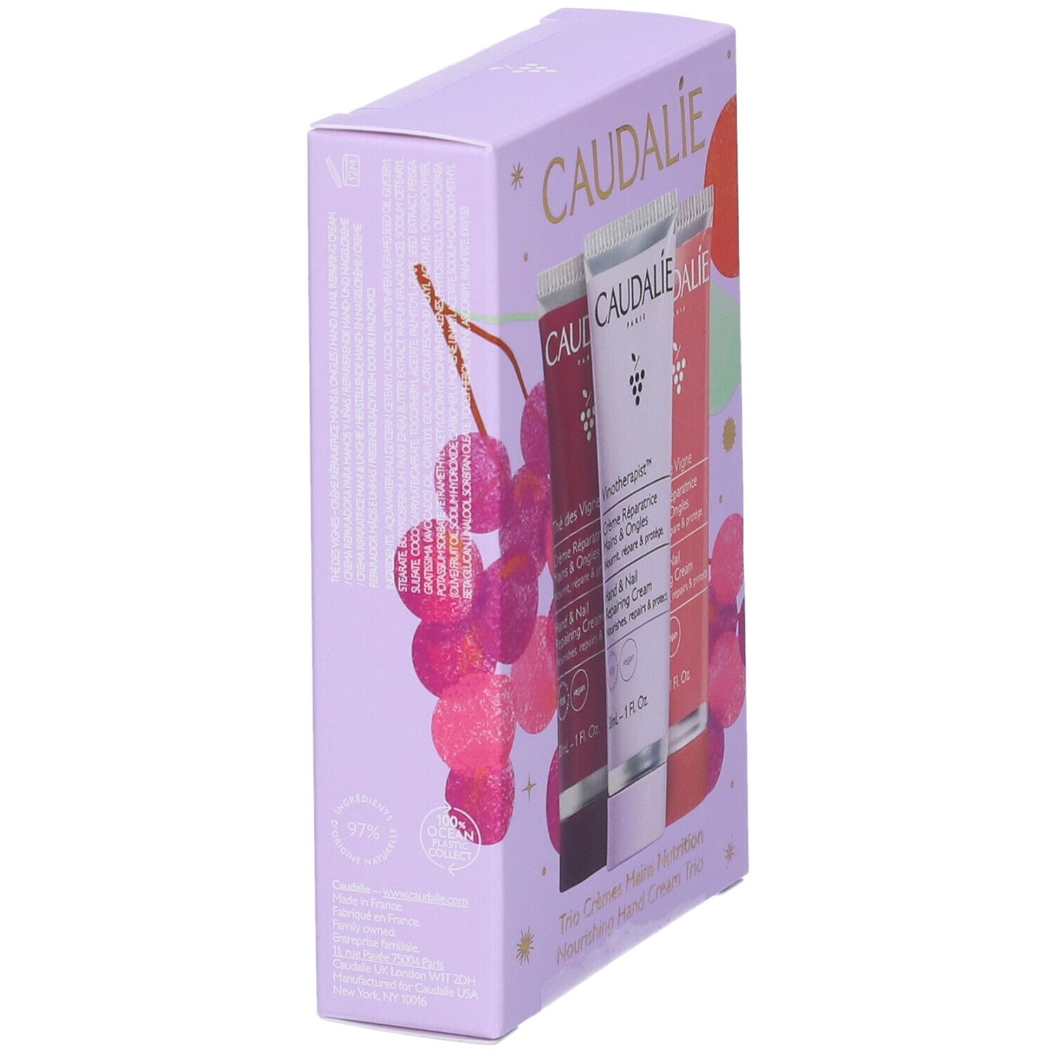 Trio creme mani Caudalie, vista laterale del cofanetto viola con uva e tubetti.