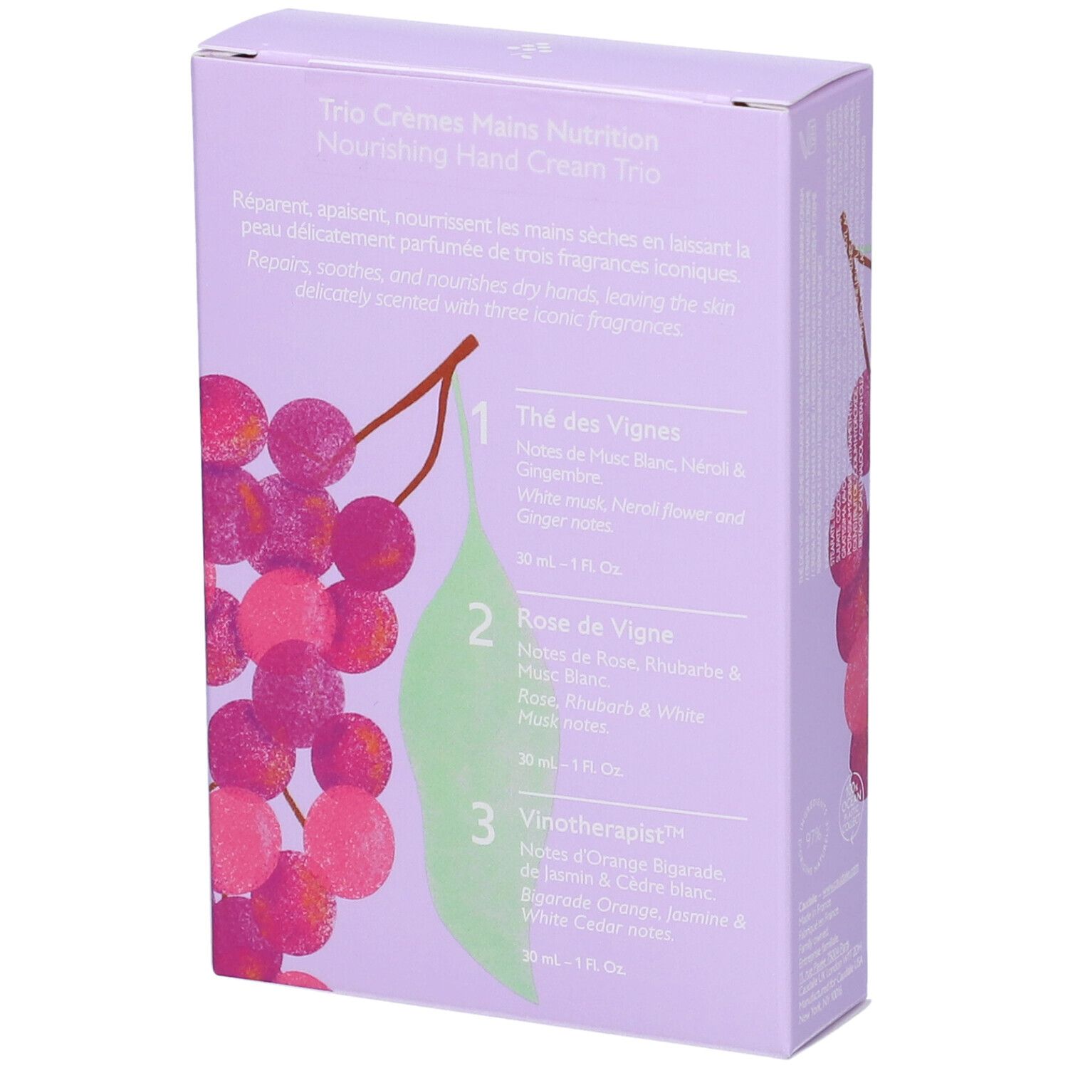 Retro del cofanetto trio creme mani Caudalie con informazioni prodotto e motivo d'uva.