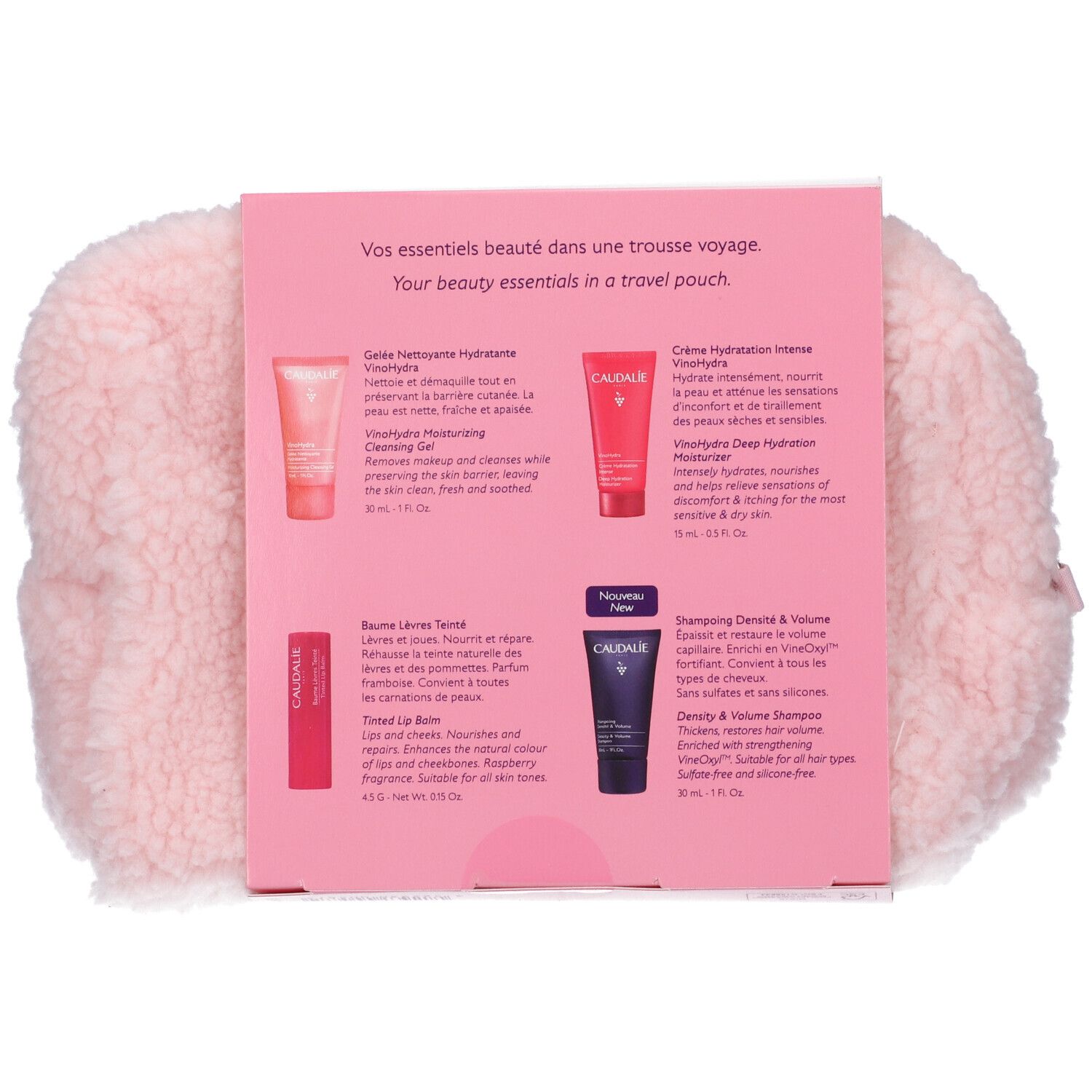 Una pochette da viaggio rosa contenente quattro prodotti cosmetici Caudalie: gel detergente, crema idratante, balsamo labbra colorato e shampoo.