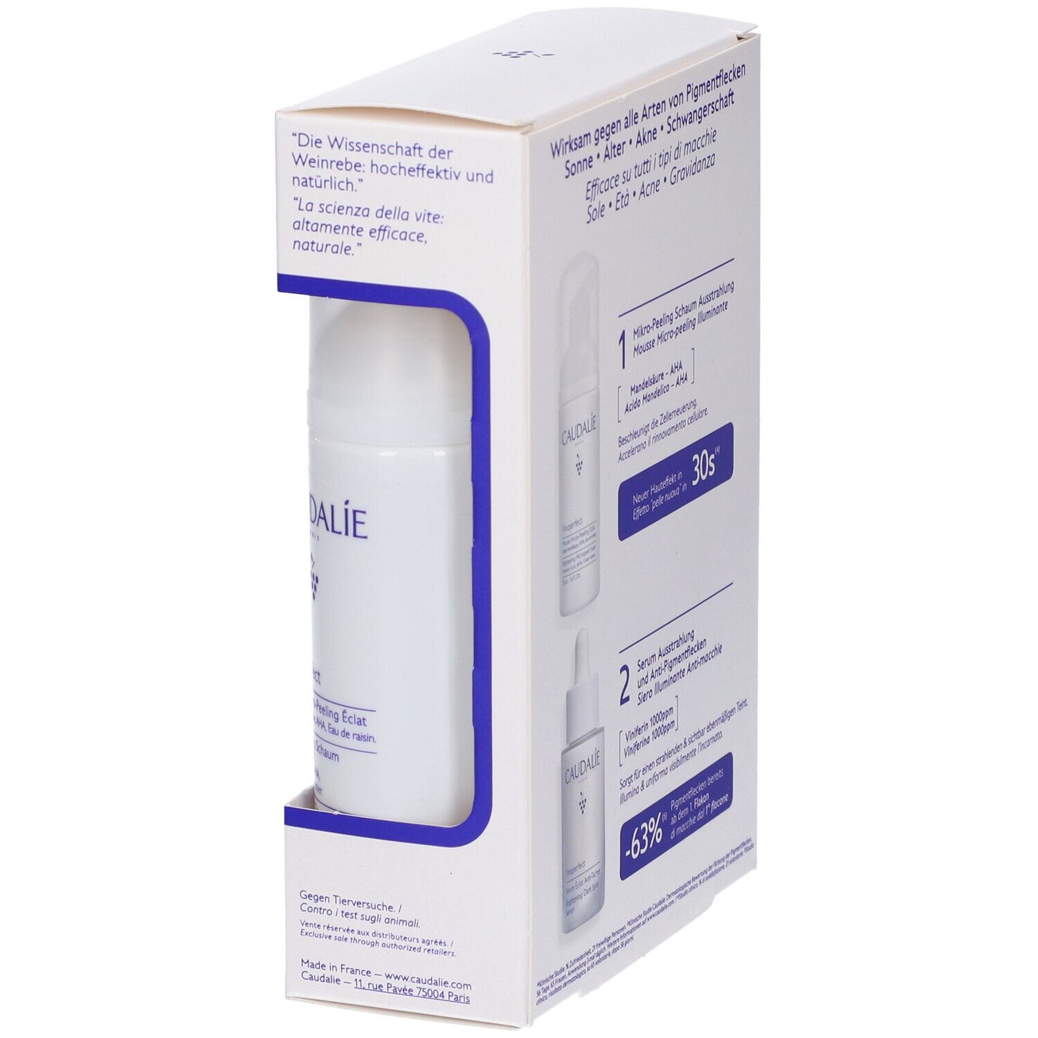 Set Caudalie Vinoperfect: Lato della confezione con informazioni sulla mousse.