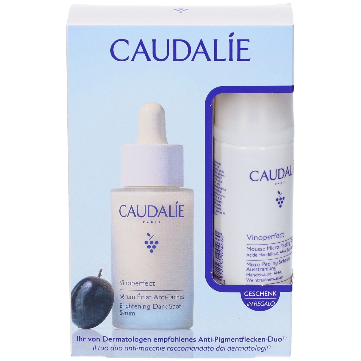 Set Caudalie Vinoperfect: Fronte della confezione regalo con siero e mousse.