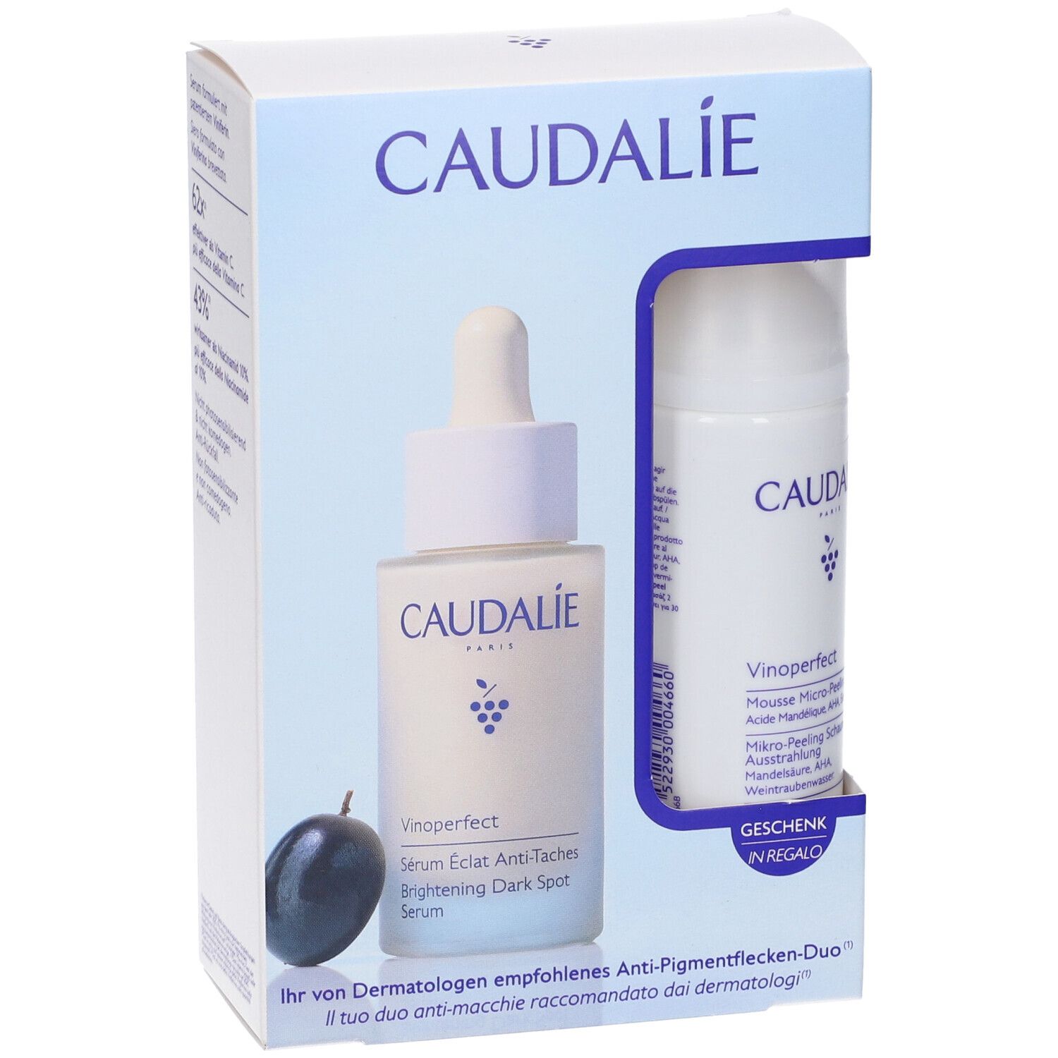 Set Caudalie Vinoperfect: Fronte della confezione regalo con siero e mousse.