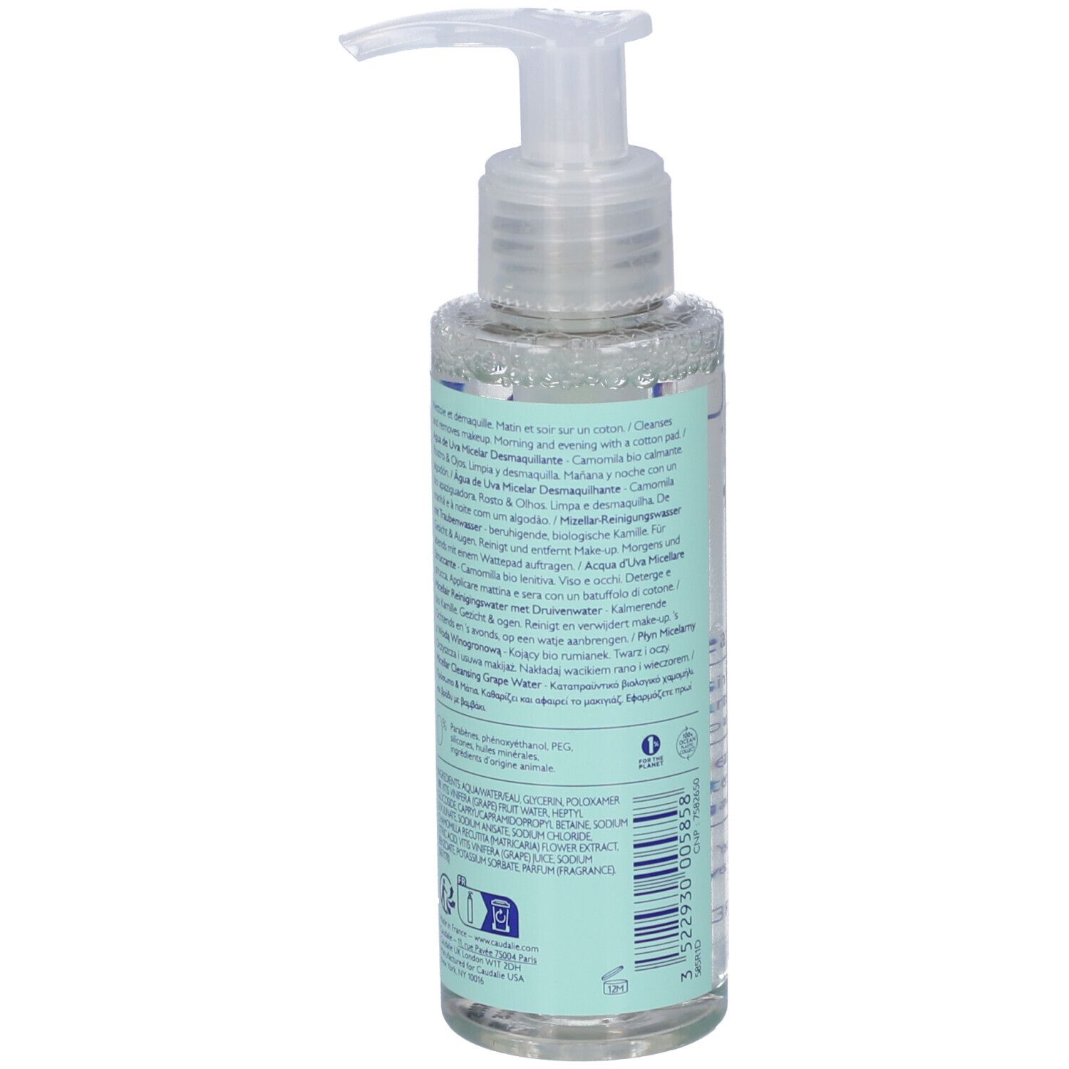 Retro di un flacone Caudalie Vinoclean Acqua Micellare all'Acqua d'Uva.
