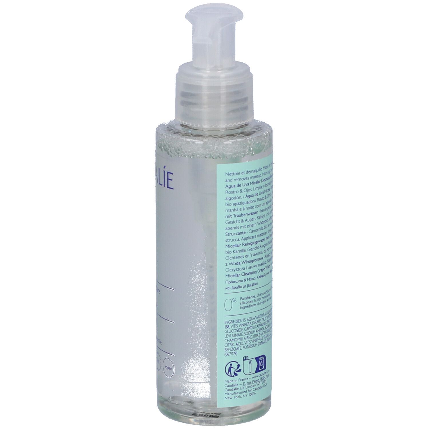 Retro flacone acqua micellare struccante Caudalie Vinoclean con ingredienti.