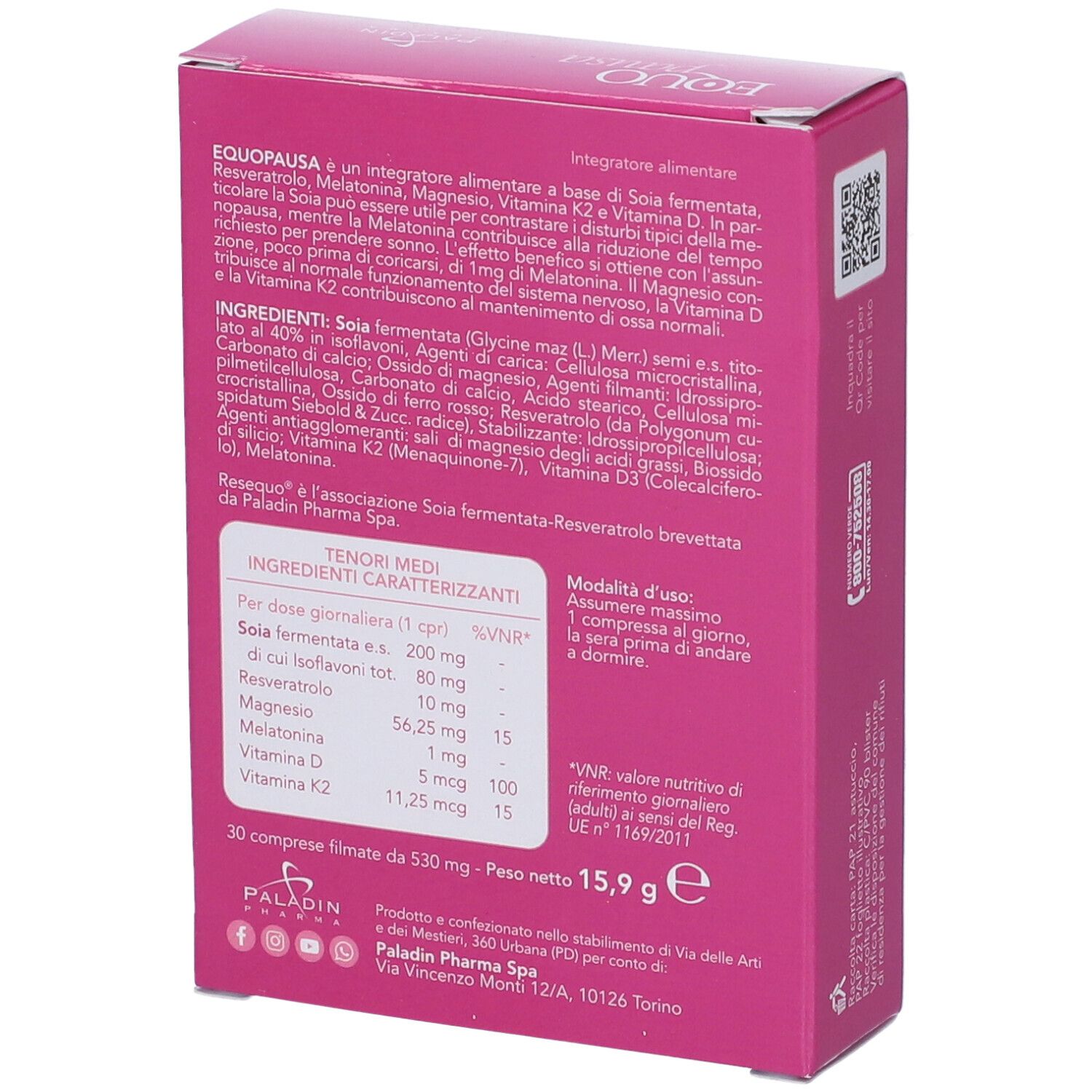 Retro della confezione Equopausa Complete con dettagli ingredienti e valori nutrizionali.