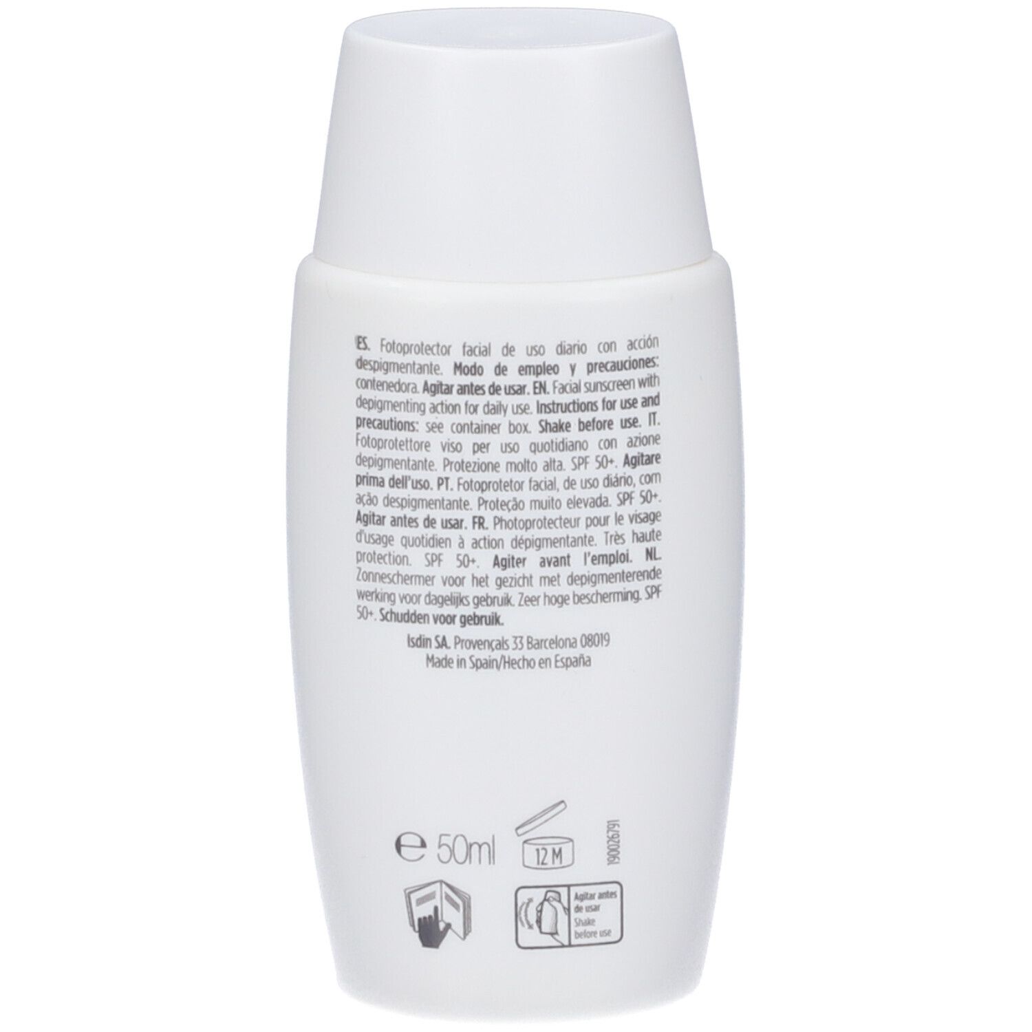 Retro della bottiglia ISDIN Fotoultra 100 Active Unify con istruzioni e indicazione 50ml.
