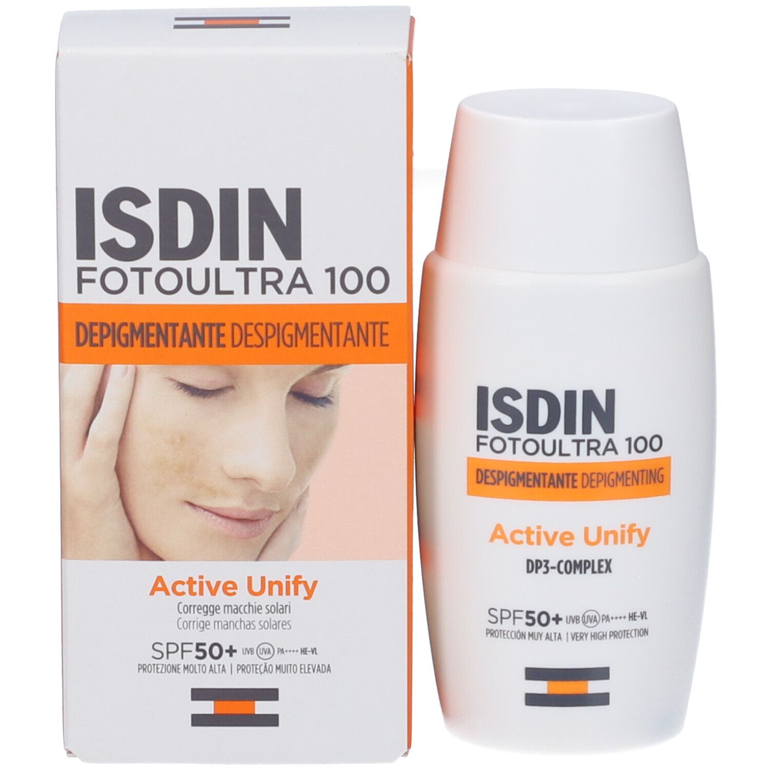 ISDIN Fotoultra 100 Active Unify protezione solare e scatola pieghevole con immagine del viso.