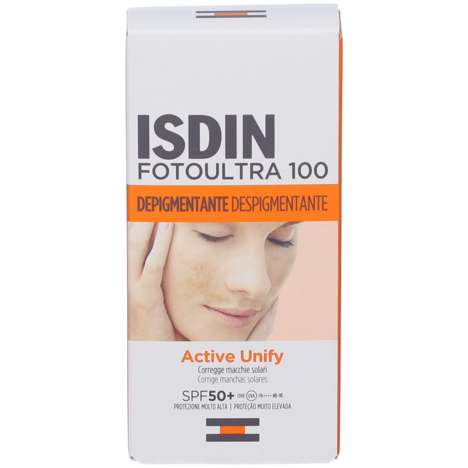 ISDIN Fotoultra 100 Active Unify protezione solare e scatola pieghevole con immagine del viso.