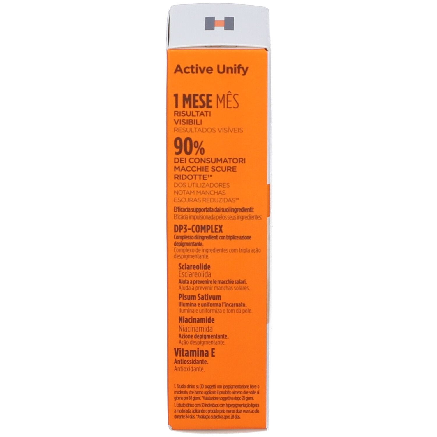 Lato della scatola pieghevole ISDIN Fotoultra 100 Active Unify con risultati e ingredienti.