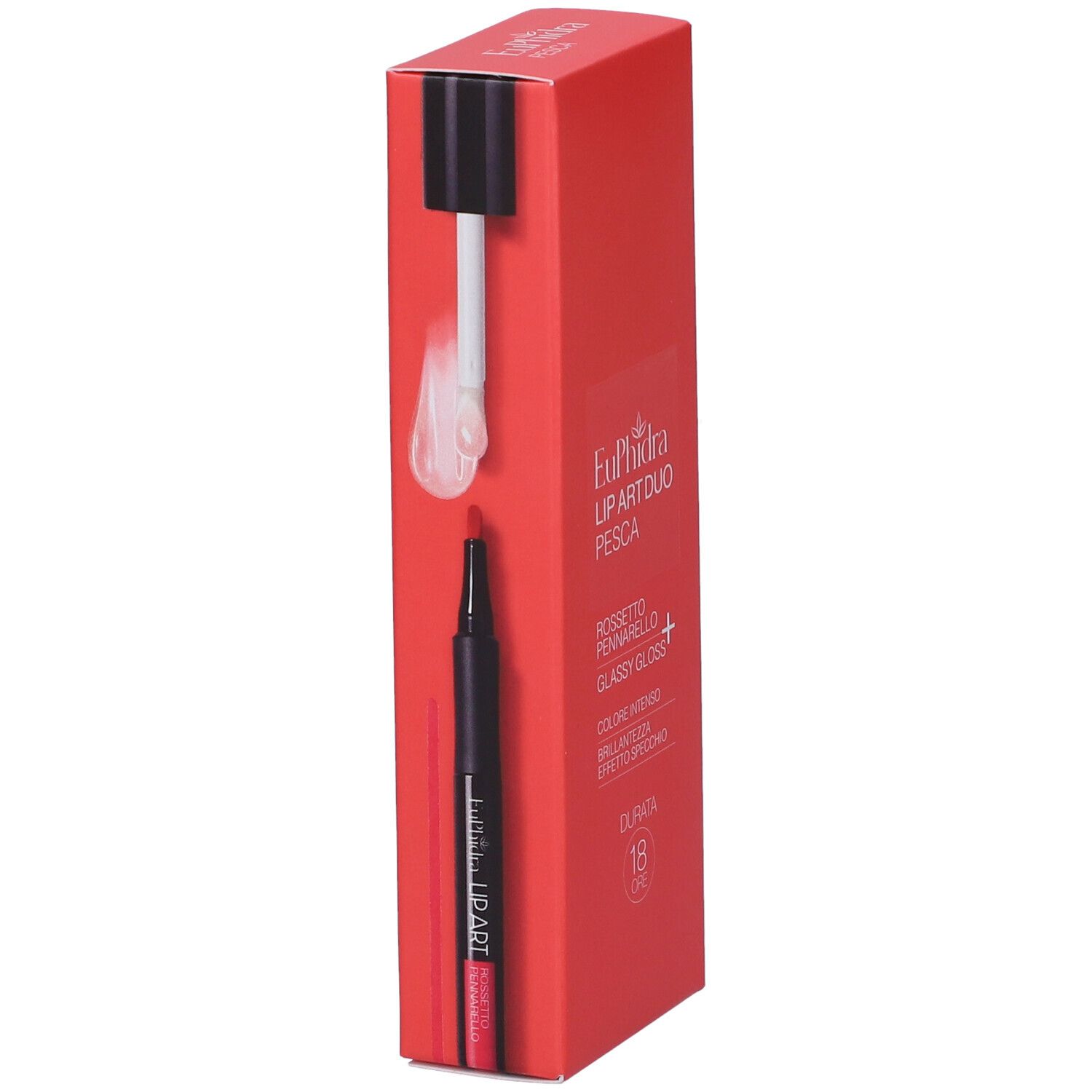 Confezione cosmetica Euphidra Lip Art Duo Pesca con rossetto e gloss mostrati.