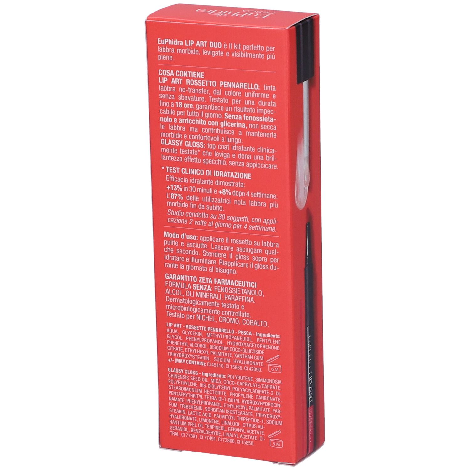 Confezione rossa con Euphidra Lip Art Duo Anguria. Rossetto e gloss, 18 ore di tenuta.