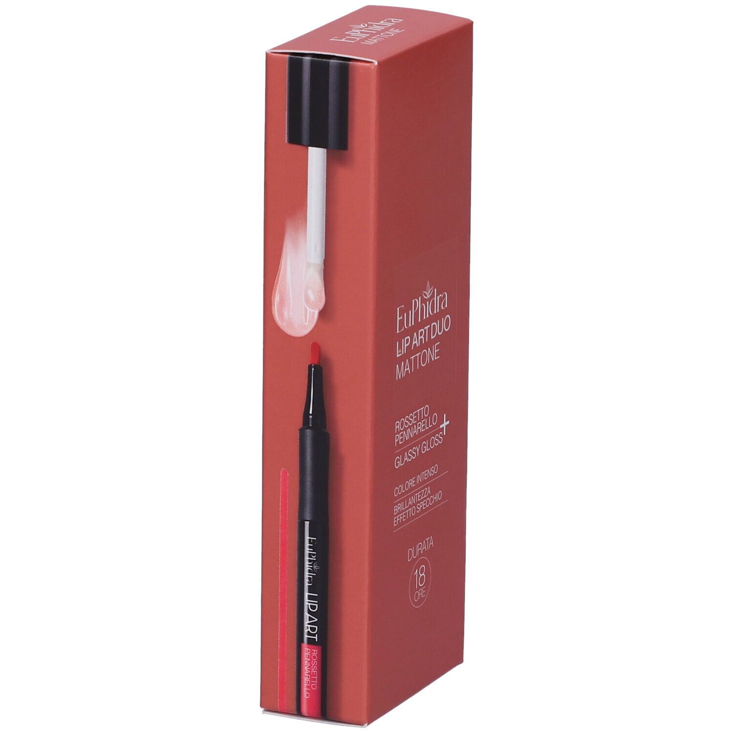 Confezione rossa per rossetto e gloss. Marca 'Euphidra'.