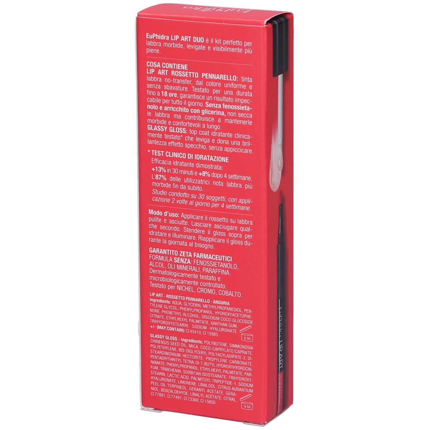Retro della confezione EuPhidra Lip Art Duo con informazioni dettagliate sul prodotto e ingredienti.