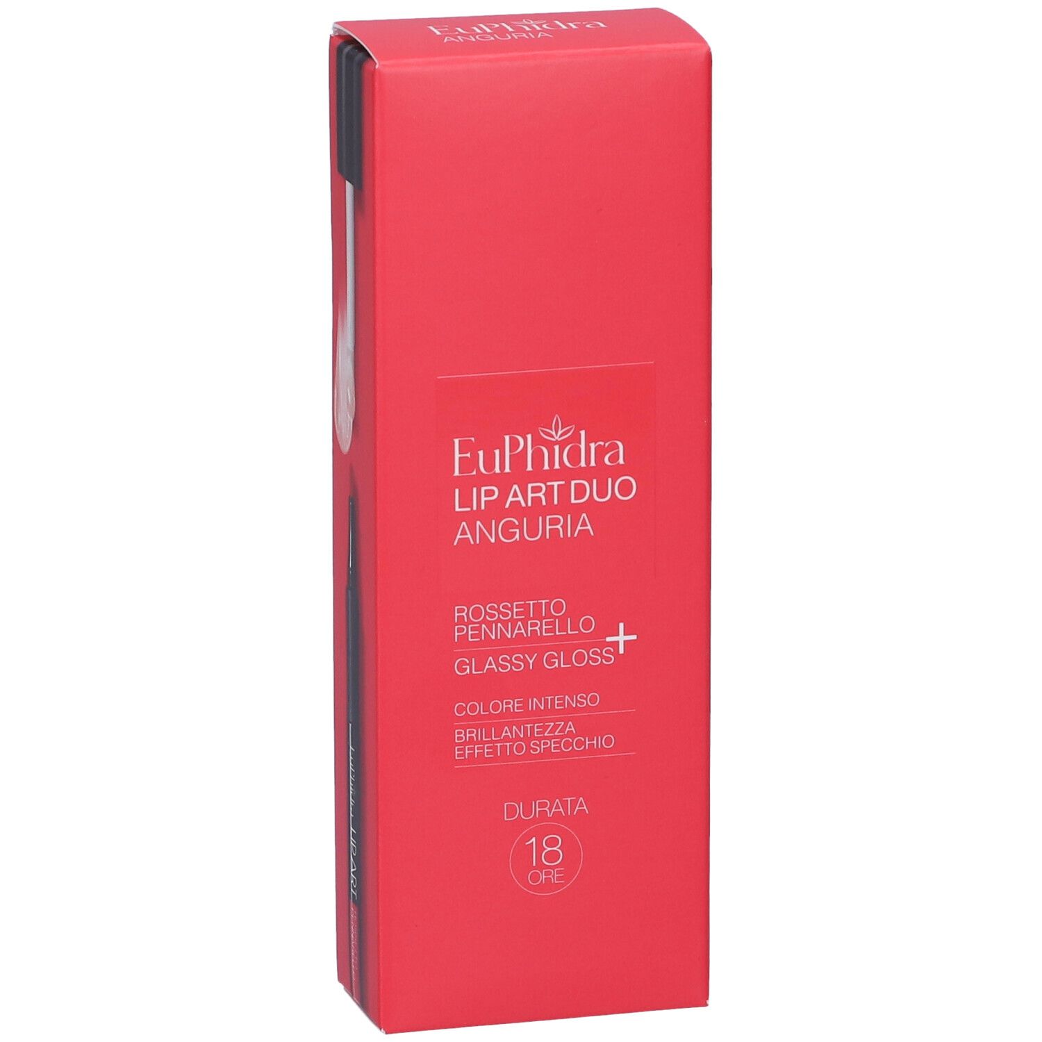 Euphidra Lip Art Duo Bisou: Rossetto con applicatore e gloss. Confezione rossa con informazioni sul prodotto.