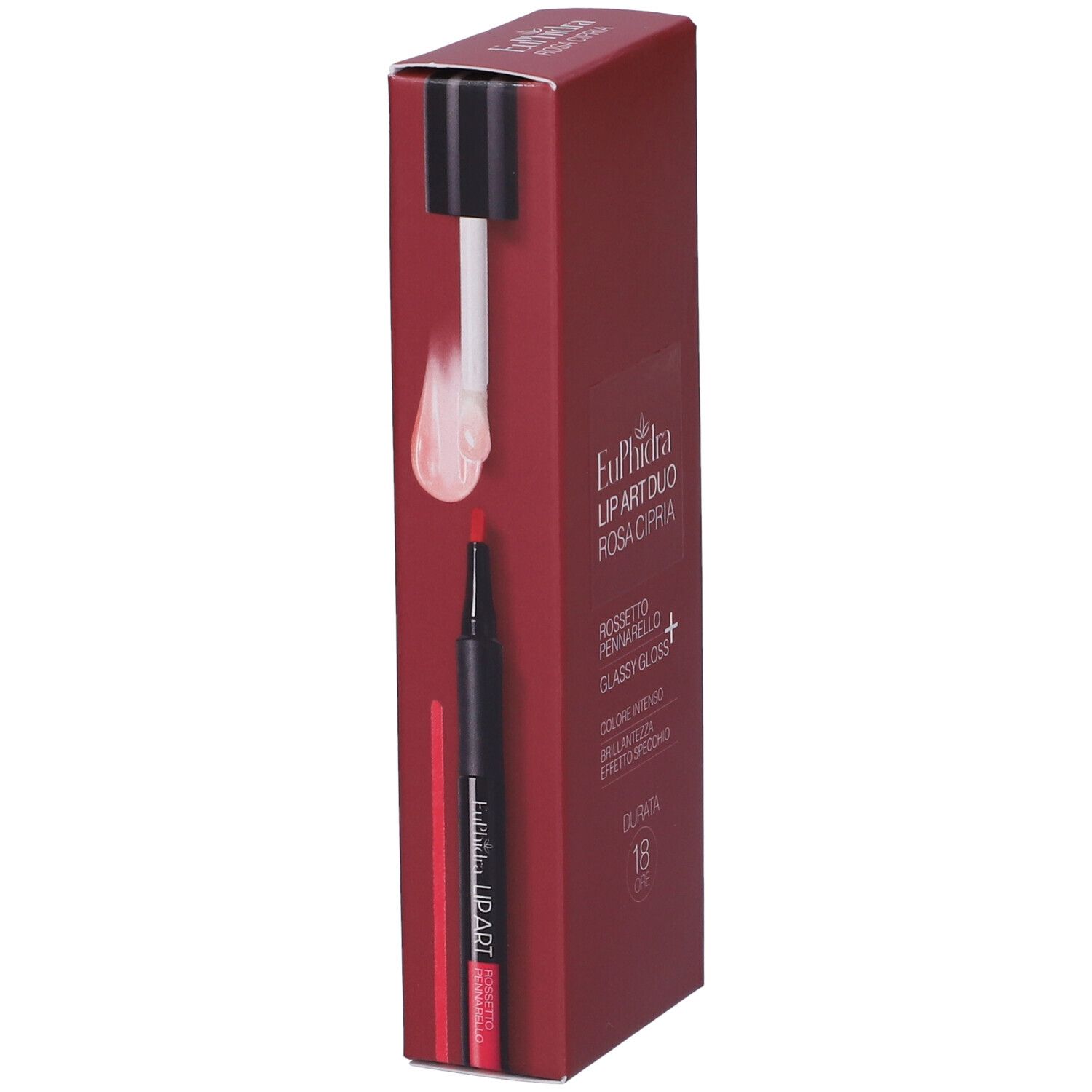 EuPhidra Lip Art Duo Rosa Cipria rossetto e gloss. Scatola rossa con immagine del prodotto e testo.