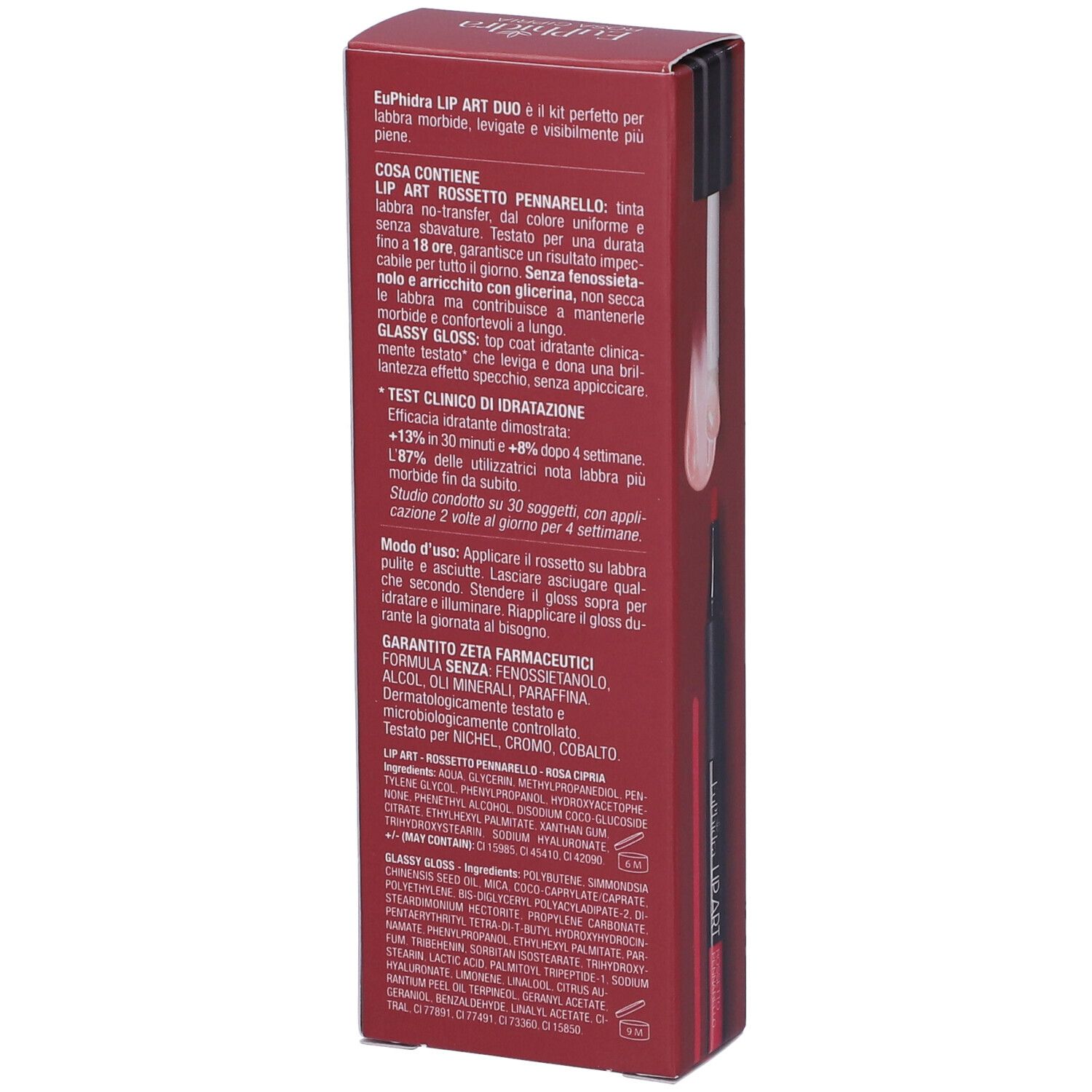Confezione rossa con Euphidra Lip Art Duo Anguria. Rossetto e gloss, 18 ore di tenuta.