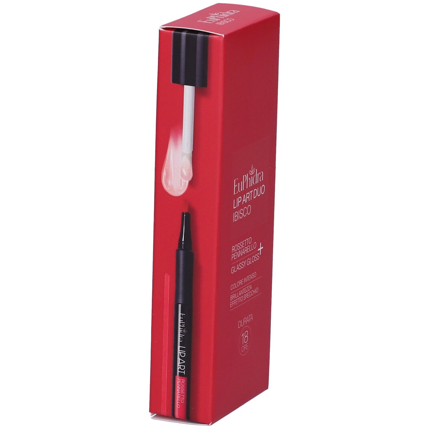 Euphidra Lip Art Duo Anguria: Rossetto con applicatore e gloss. Confezione rossa con informazioni sul prodotto.
