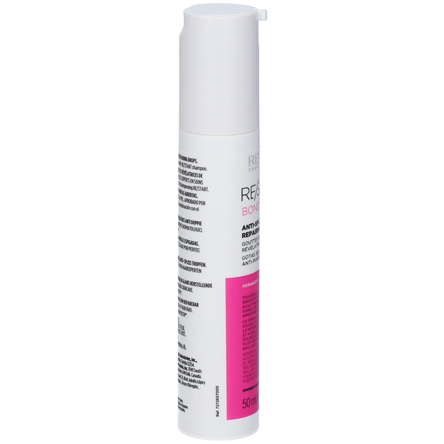 Flacone Revlon Re-Start Recovery Anti-Split Ends Sealing Drops con erogatore, retro con testo.