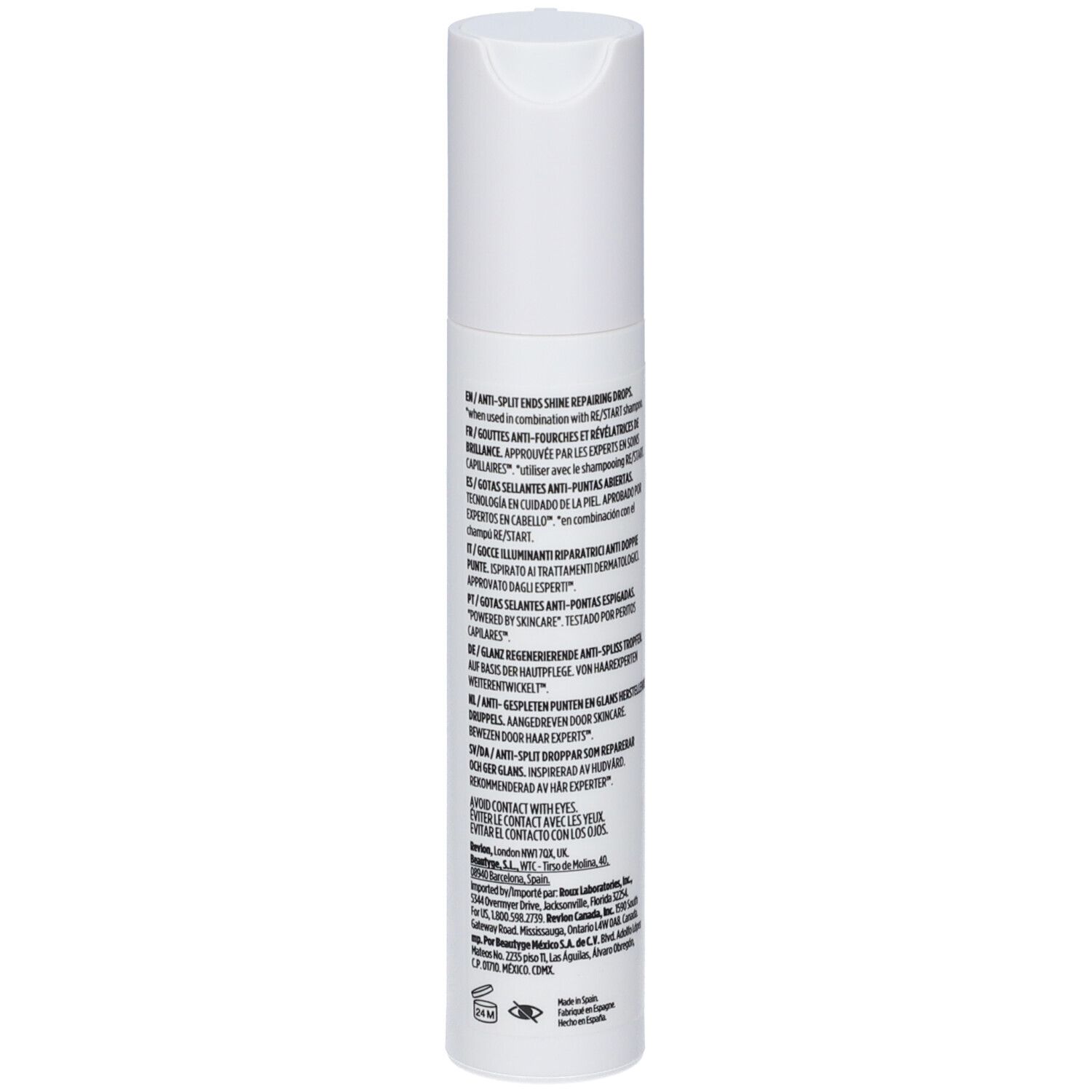 Flacone Revlon Re-Start Recovery Anti-Split Ends Sealing Drops con erogatore, retro con testo.