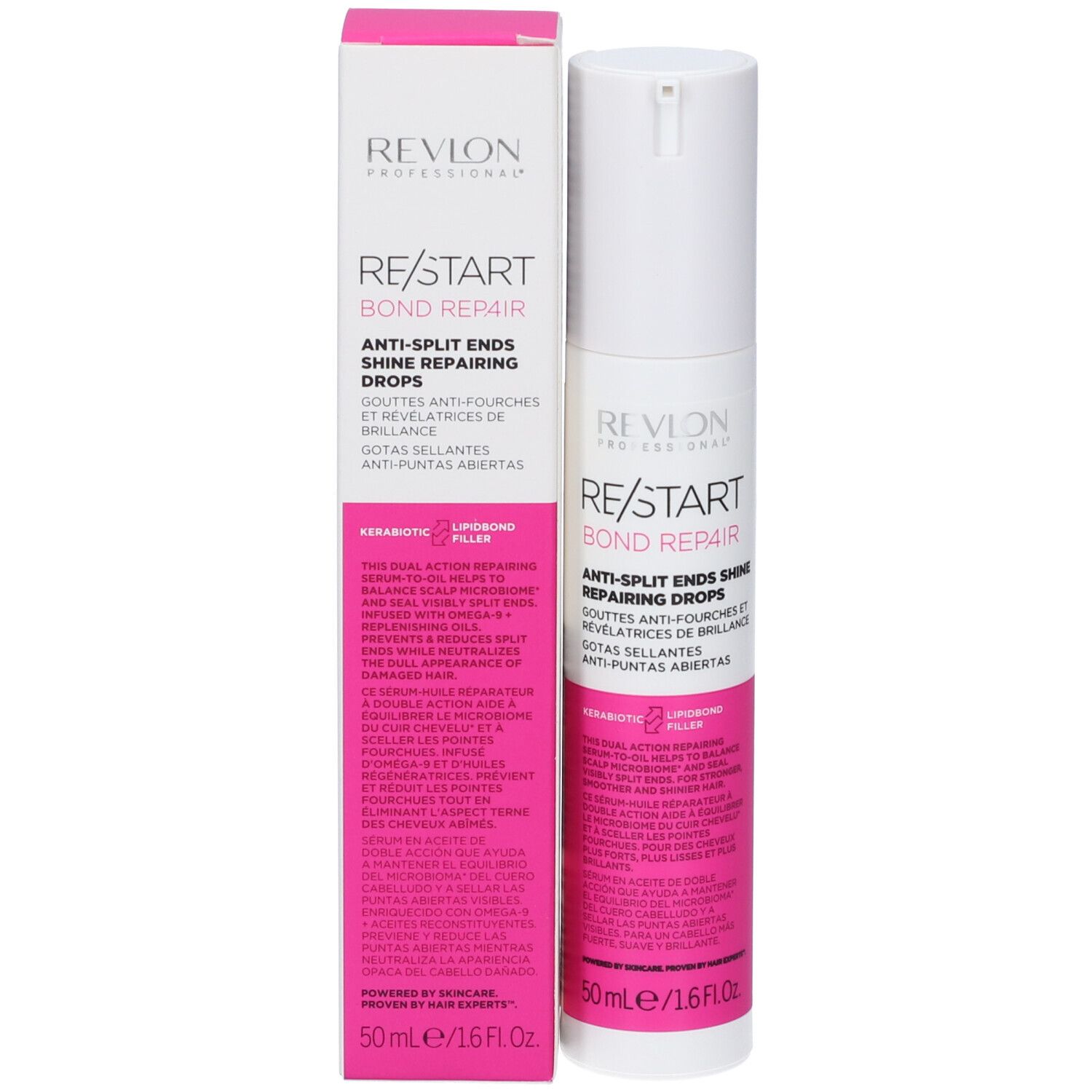 Flacone Revlon Re-Start Recovery Anti-Split Ends Sealing Drops e scatola.