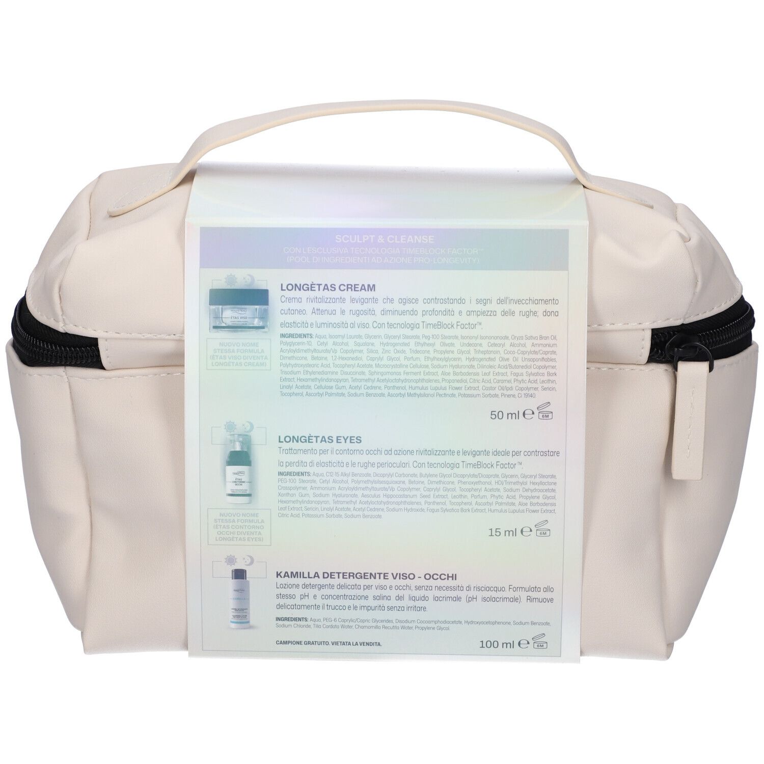 Beauty case con cerniera e manico. Contiene tre prodotti per la cura.