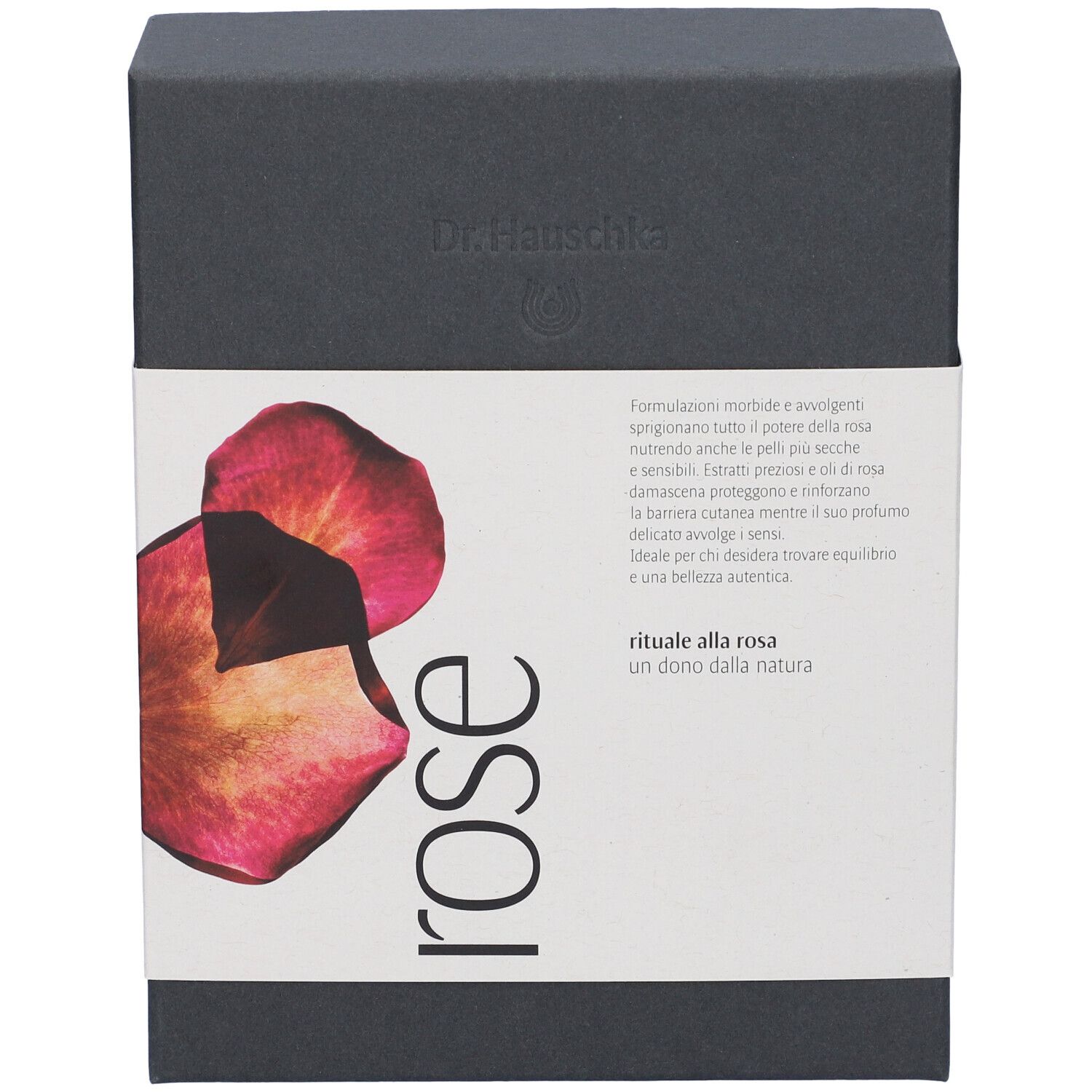 Rituale Rosa Dr. Hauschka: Scatola grigio scuro con disegno di petali di rosa e testo.
