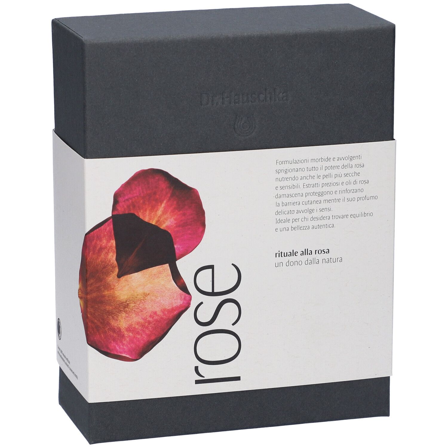 Scatola regalo grigio scuro con petali di rosa e scritta 'rose ritale alla rosa'.