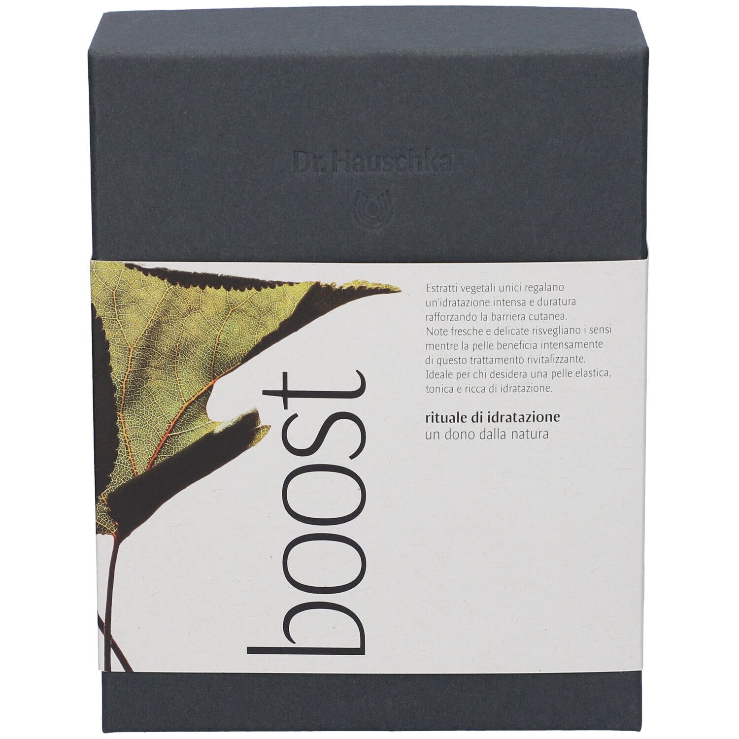 Set cura corpo Dr. Hauschka Boost in scatola scura con motivo a foglia.