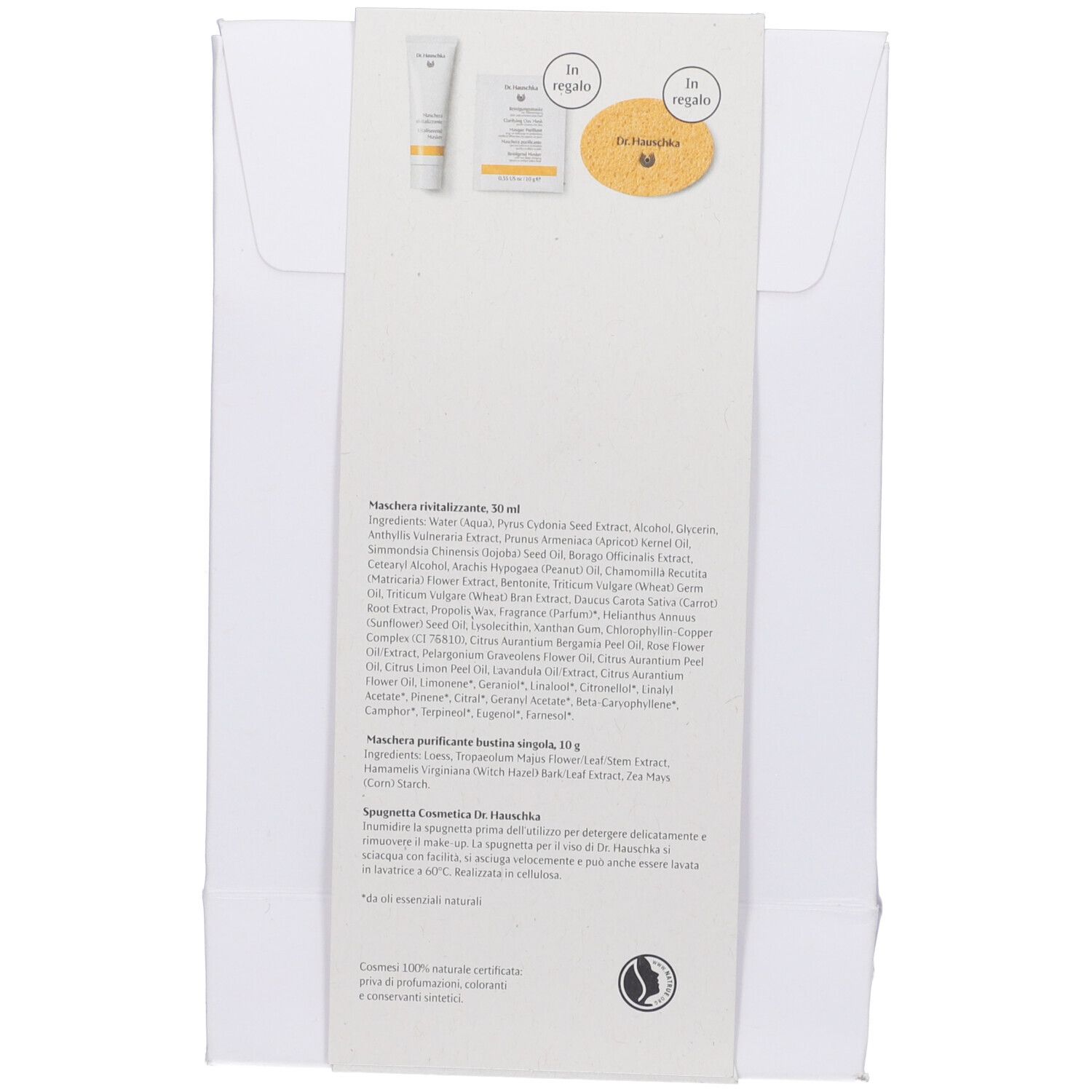 Set maschere Dr. Hauschka con maschera viso e spugnetta.