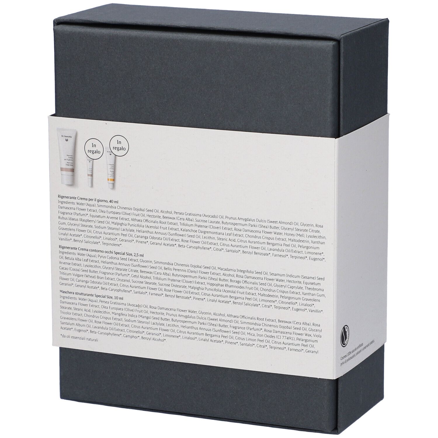 Confezione regalo Dr. Hauschka "bloom" con motivo floreale e descrizioni dettagliate del prodotto.